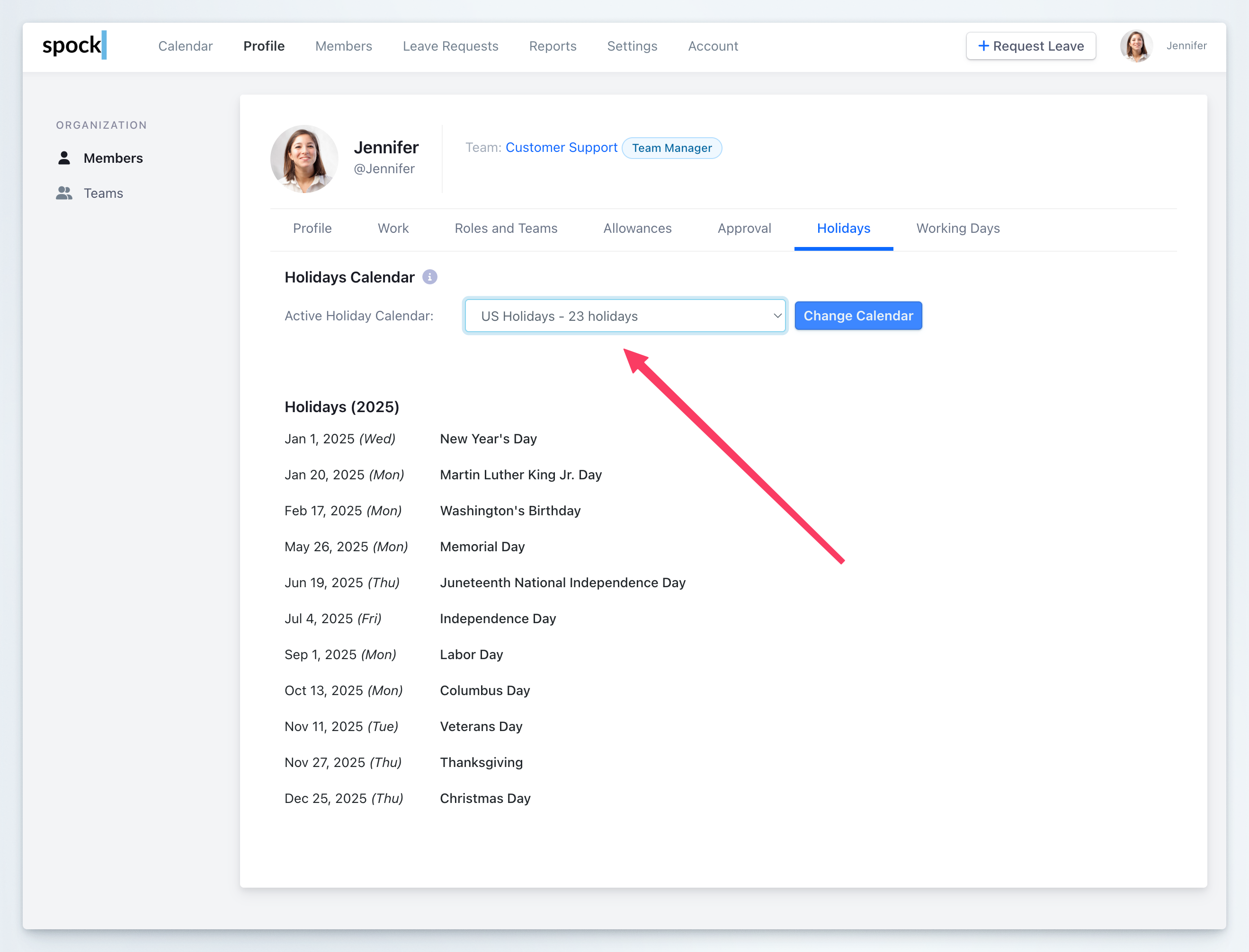 Dashboard Members Assign Holiday Calendar