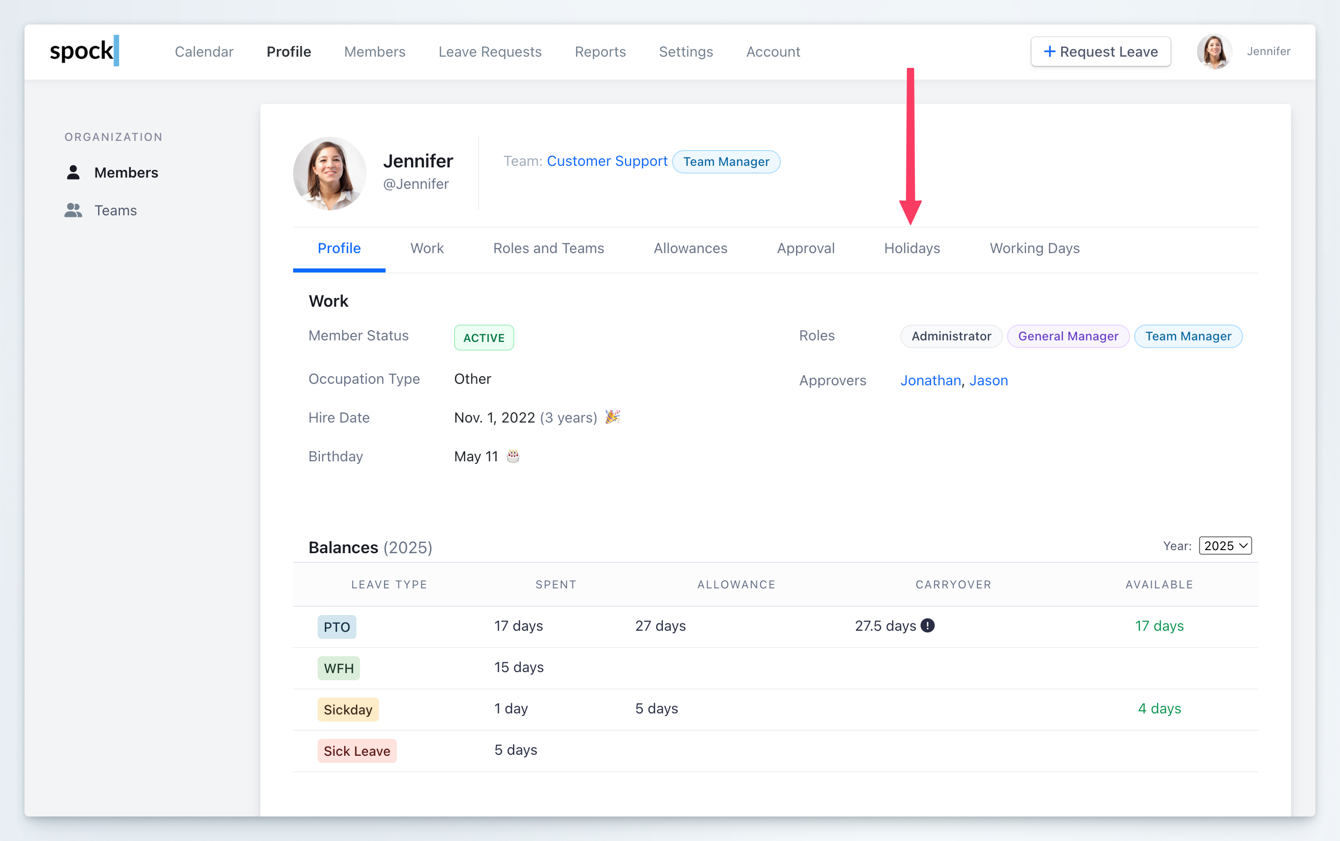 Dashboard Members Holidays Tab