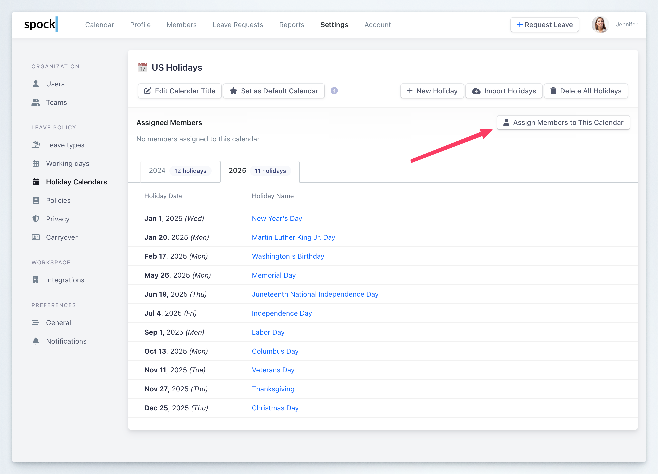 Holiday Calendar Assign Members to Calendar Button