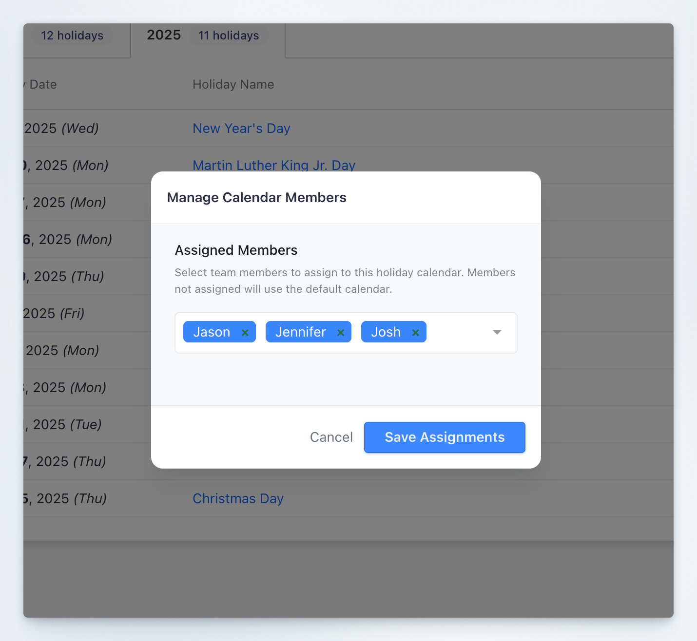 Holiday Calendar Assign Members to Calendar Modal Dialog