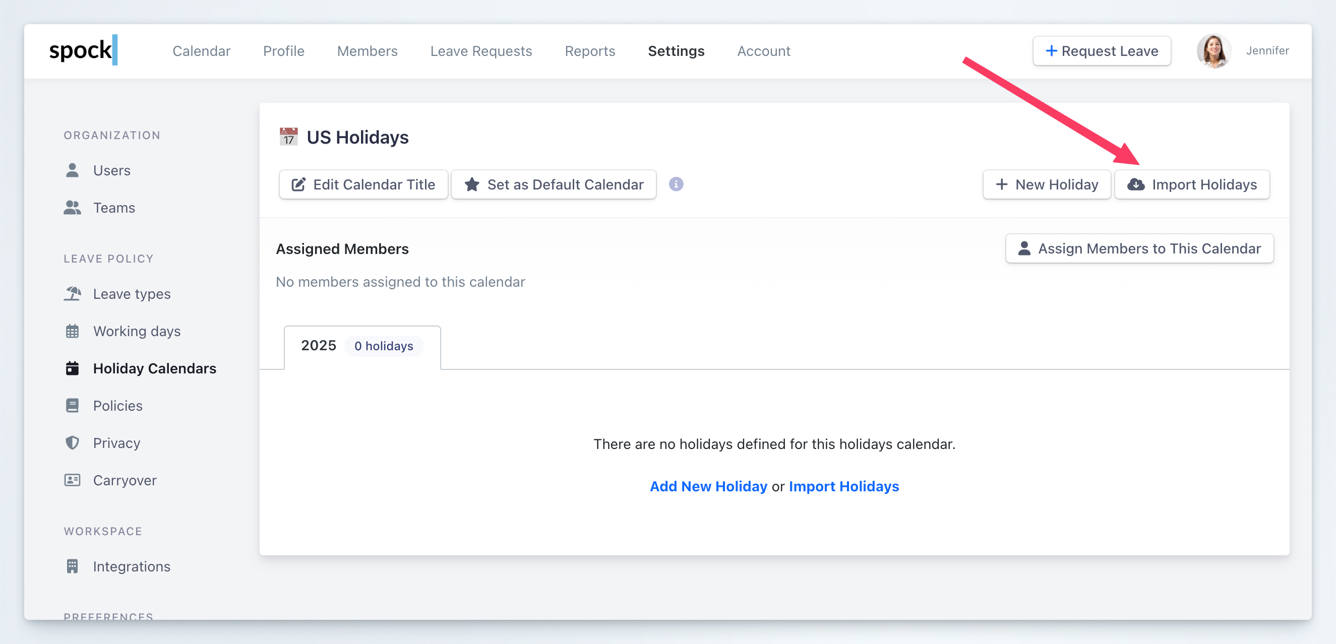 Holiday Calendar Import Holidays Button
