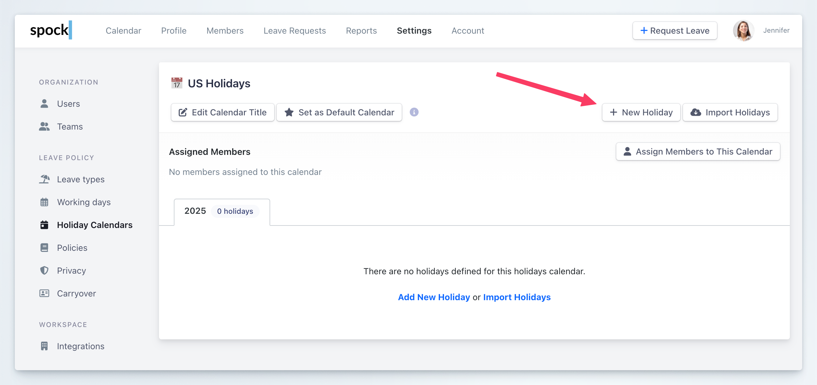 Holiday Calendar New Holiday Button