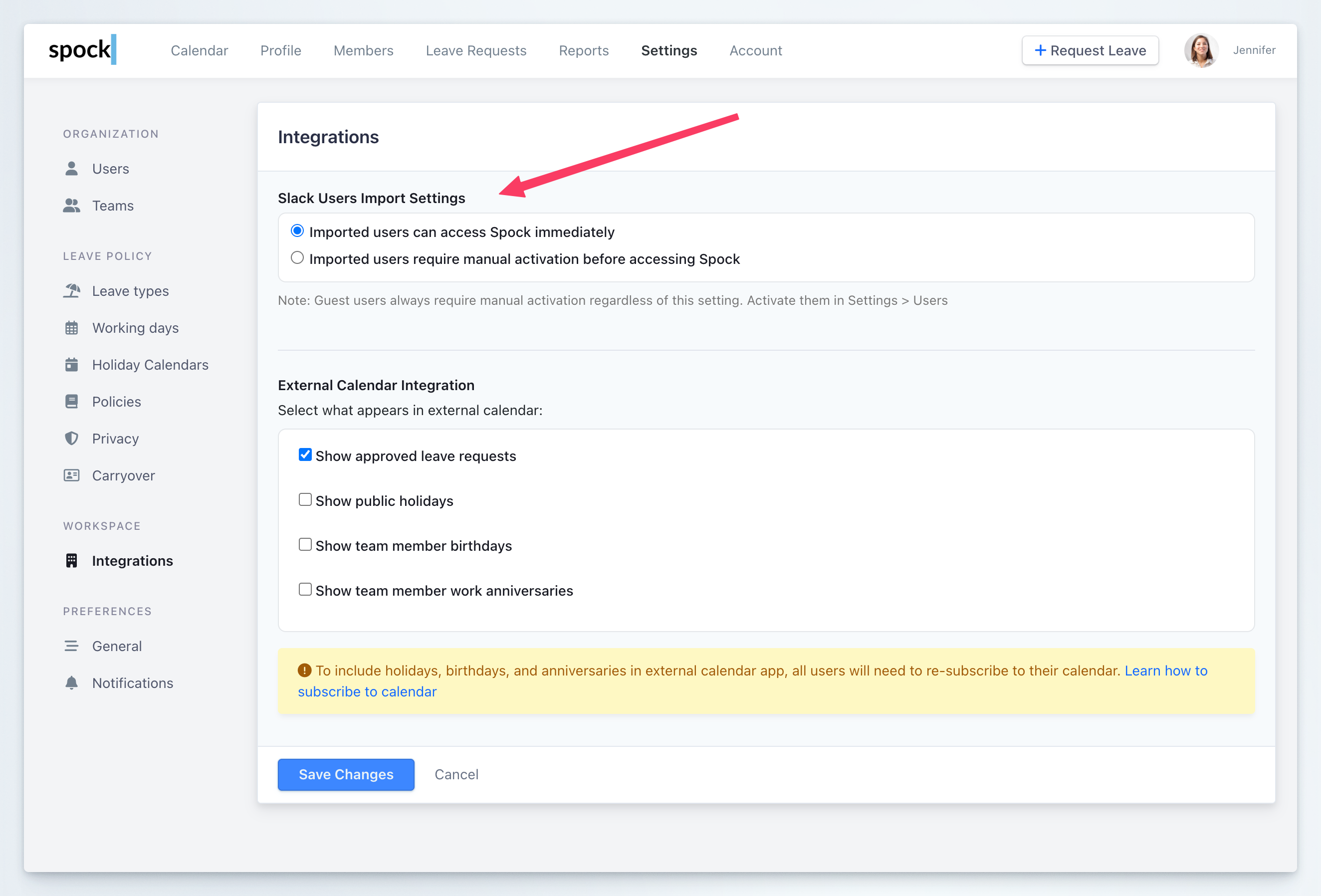 Dashboard Settings Integrations Slack User Import