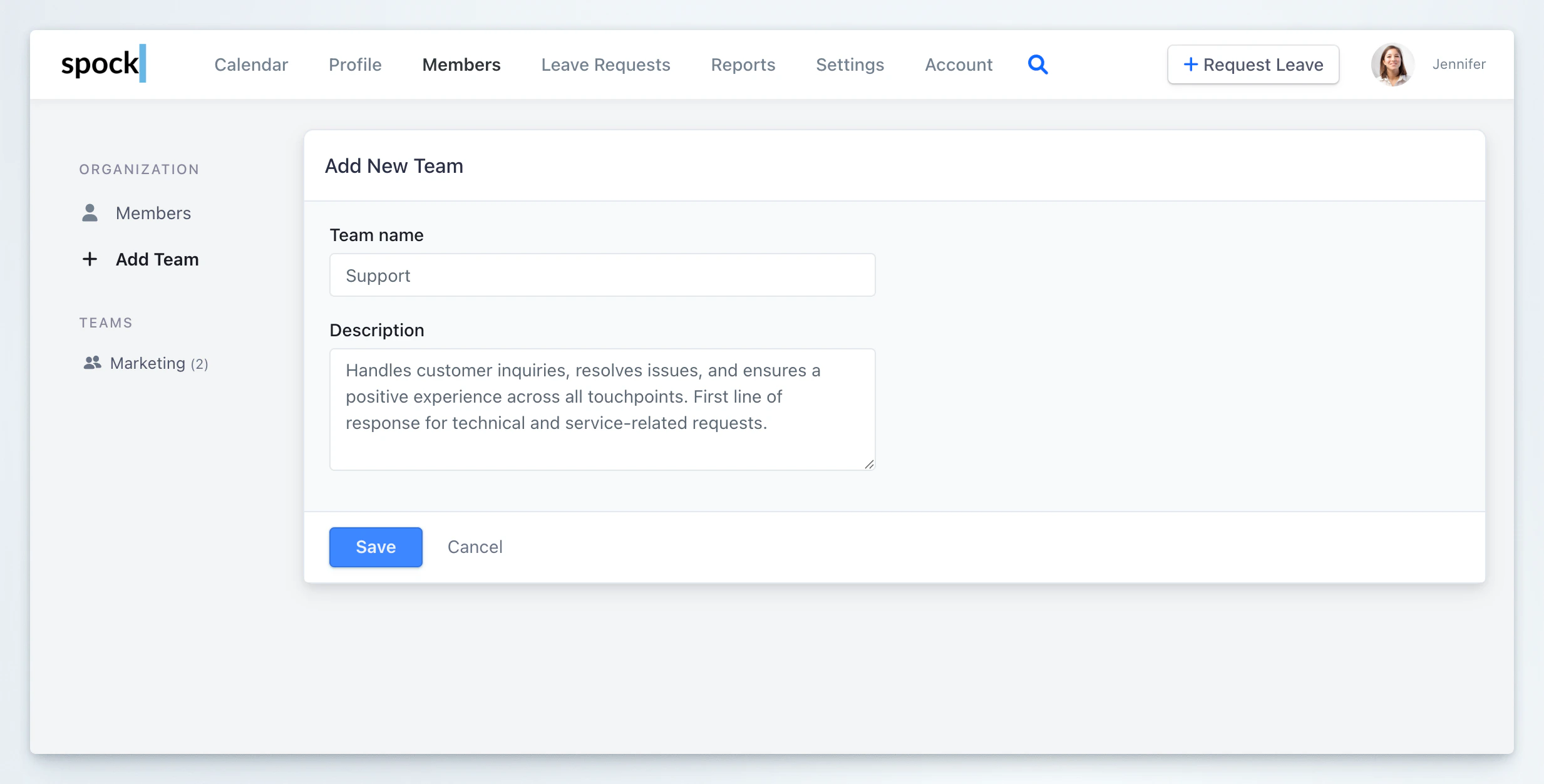 Add New Team form with team name and description fields