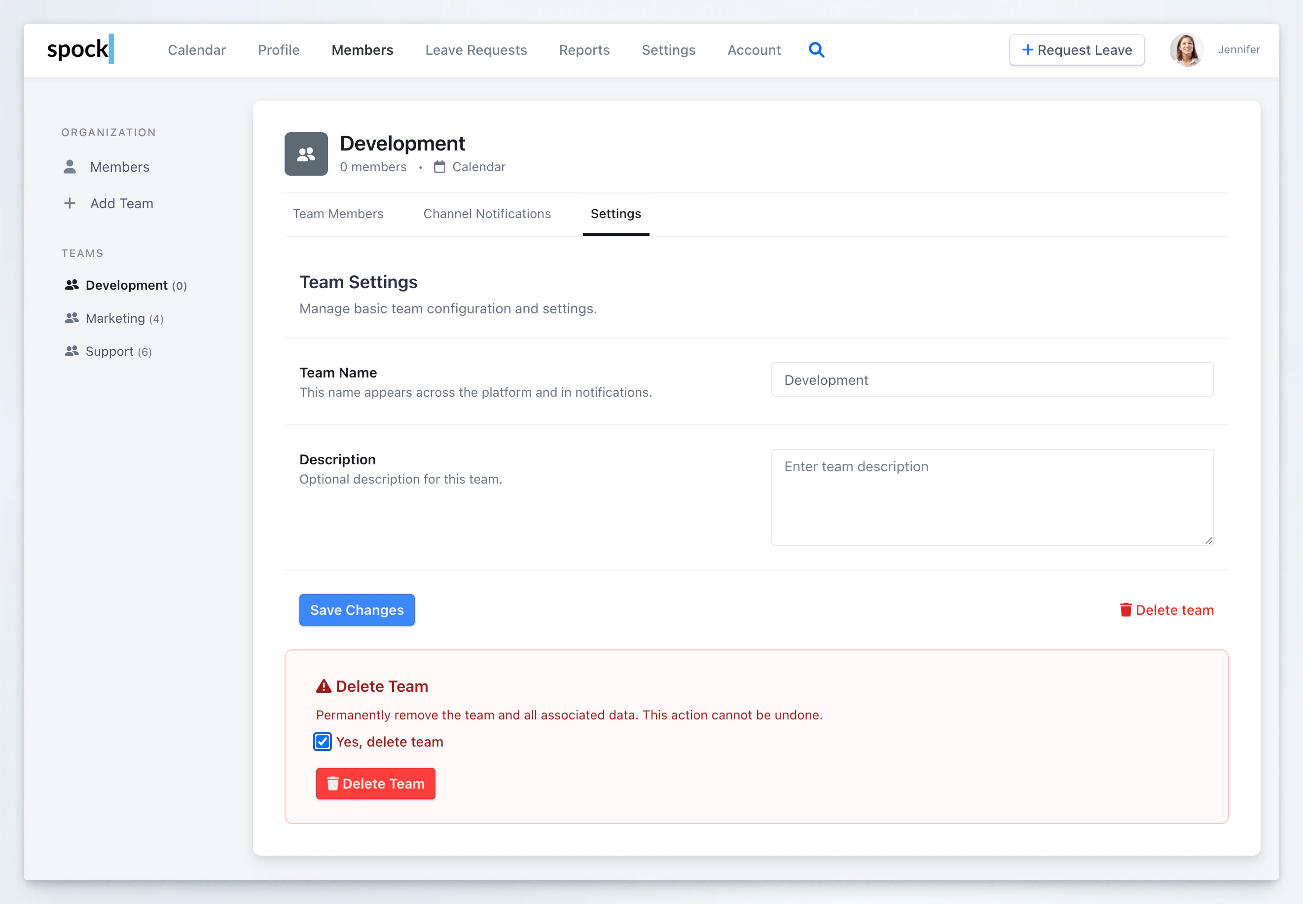 Team deletion confirmation with checkbox and Delete Team button