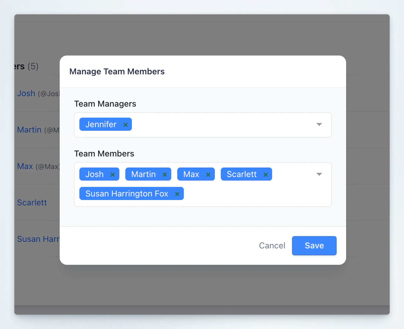 Manage Team Members dialog with Team Managers and Team Members selectors