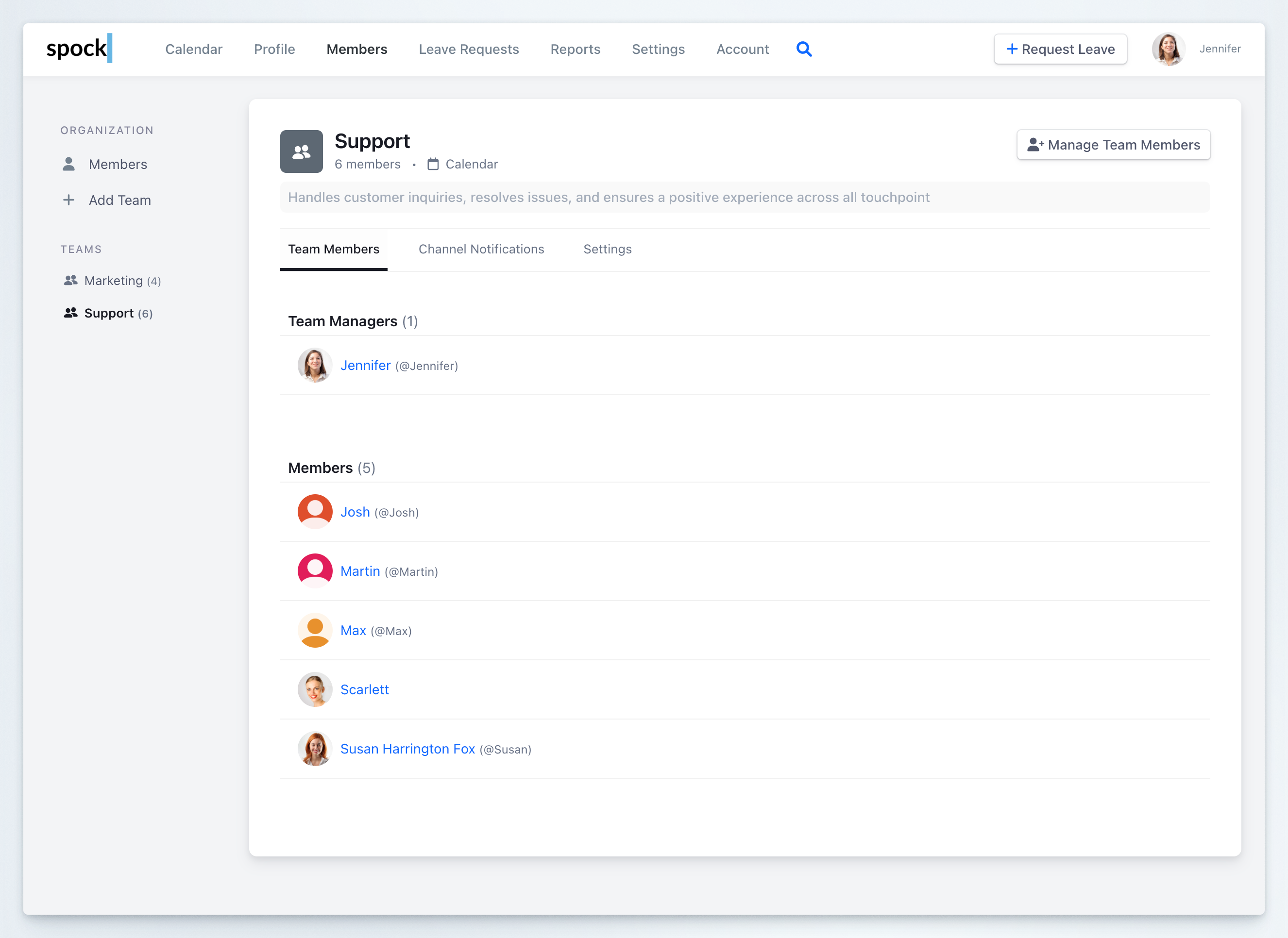 Team Members tab showing team managers and members