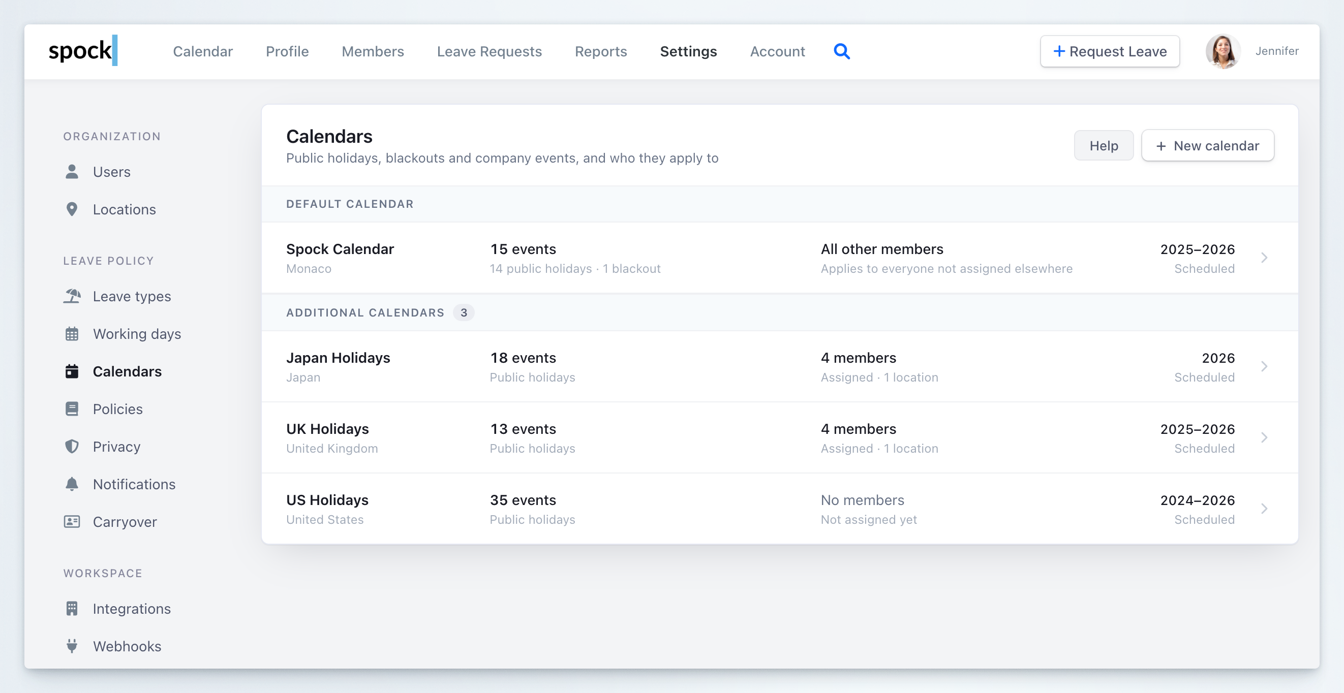 Calendars settings page listing the default Spock Calendar and three additional calendars with event counts, assigned members, and scheduled years