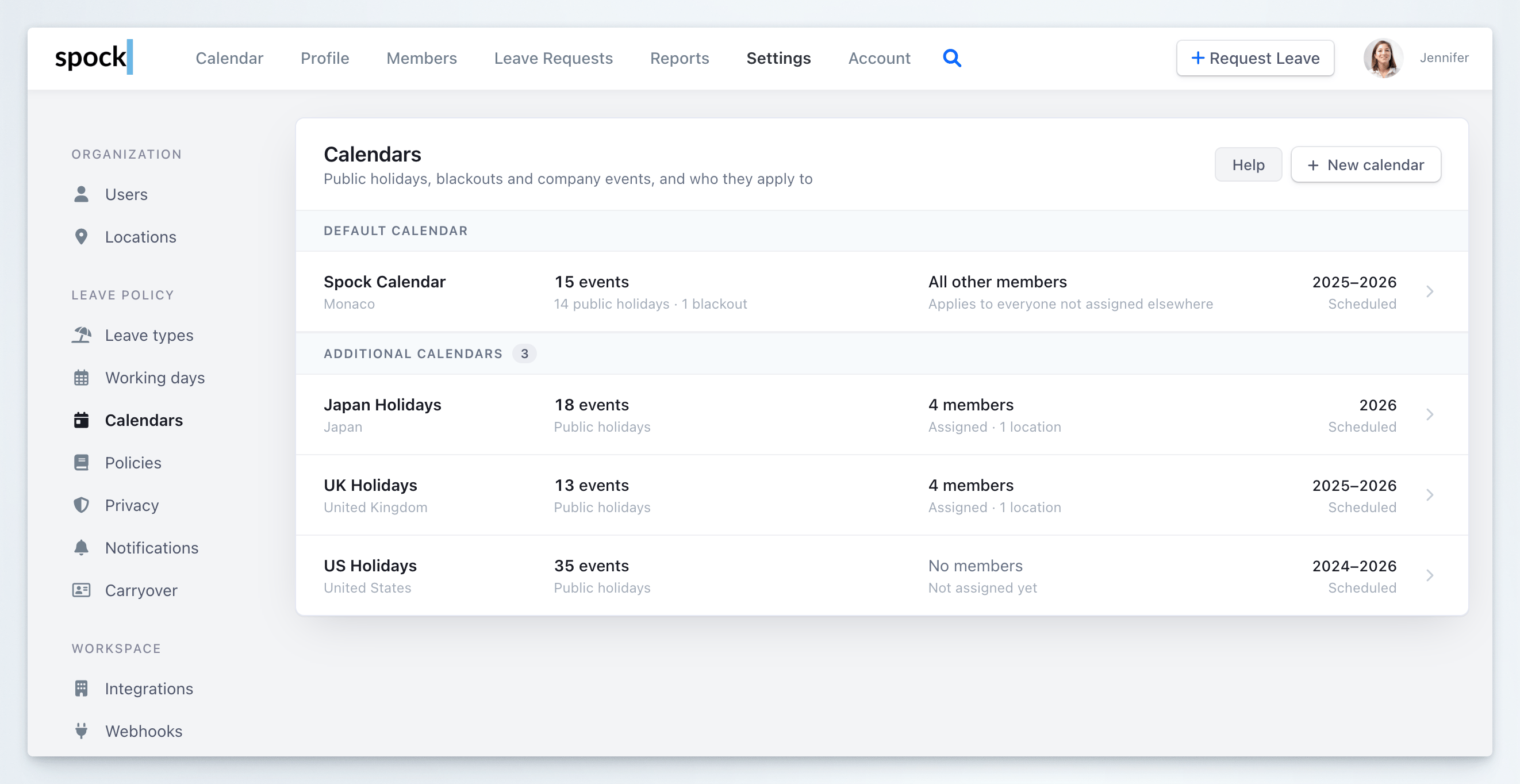 Calendars settings page listing the default Spock Calendar and three additional calendars with event counts, assigned members, and scheduled years