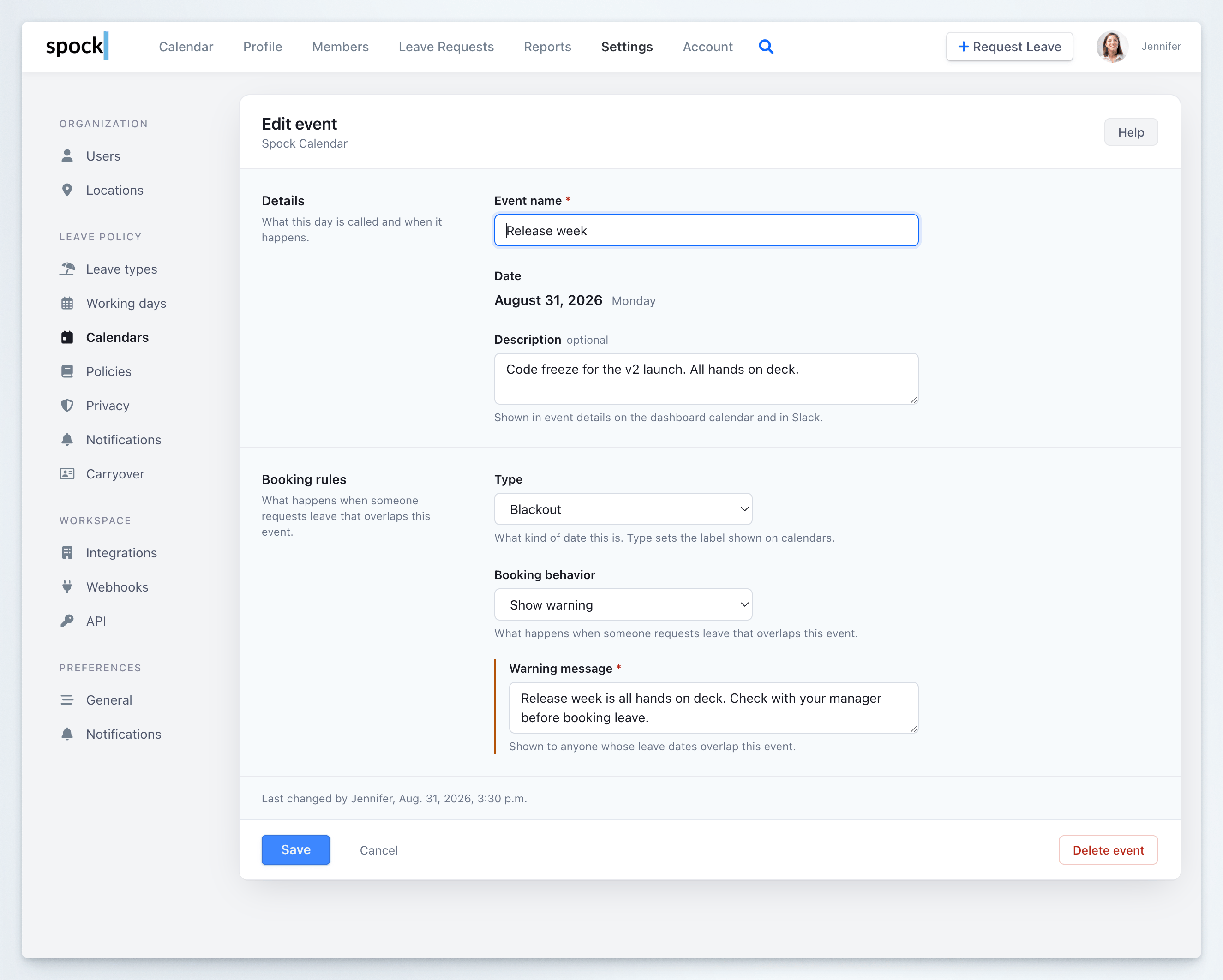 Event form with Details section for name, date, and description, and Booking rules section for type, booking behavior, and warning message