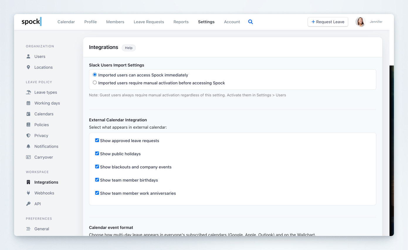 External Calendar Integration settings with checkboxes for showing approved leave requests, public holidays, and blackouts and company events