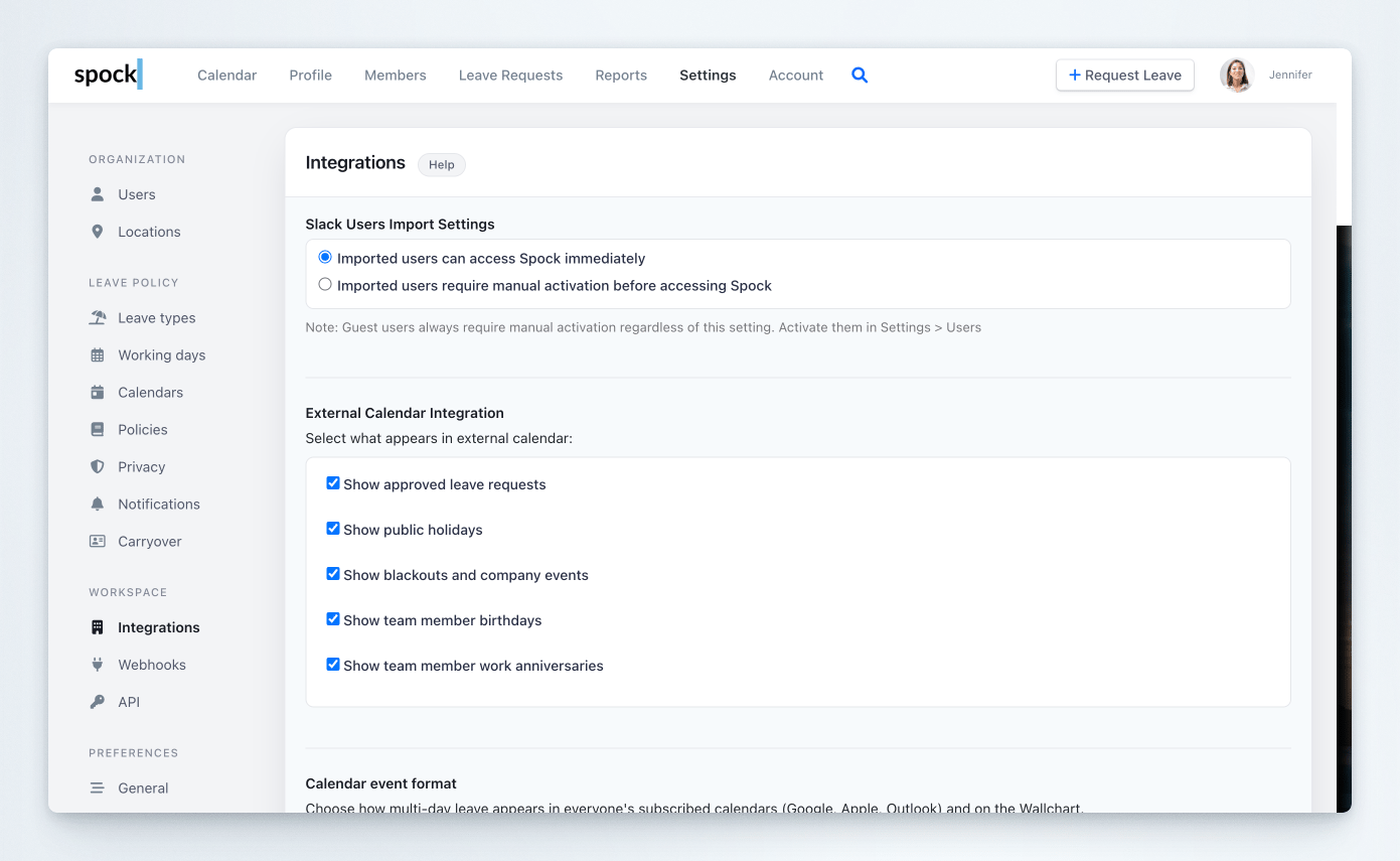 External Calendar Integration settings with checkboxes for showing approved leave requests, public holidays, and blackouts and company events