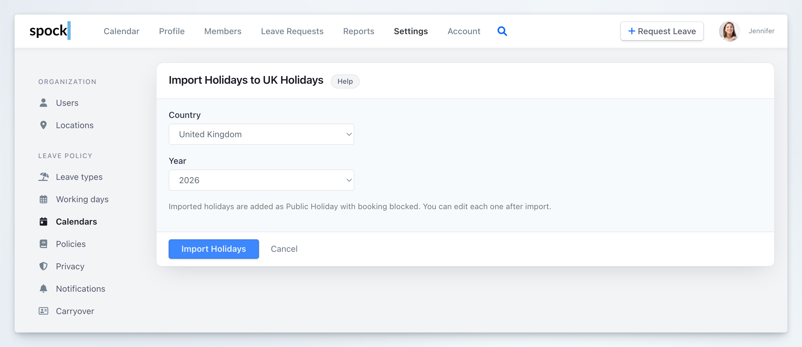Import Holidays form with a Country dropdown set to United Kingdom and a Year dropdown set to 2026