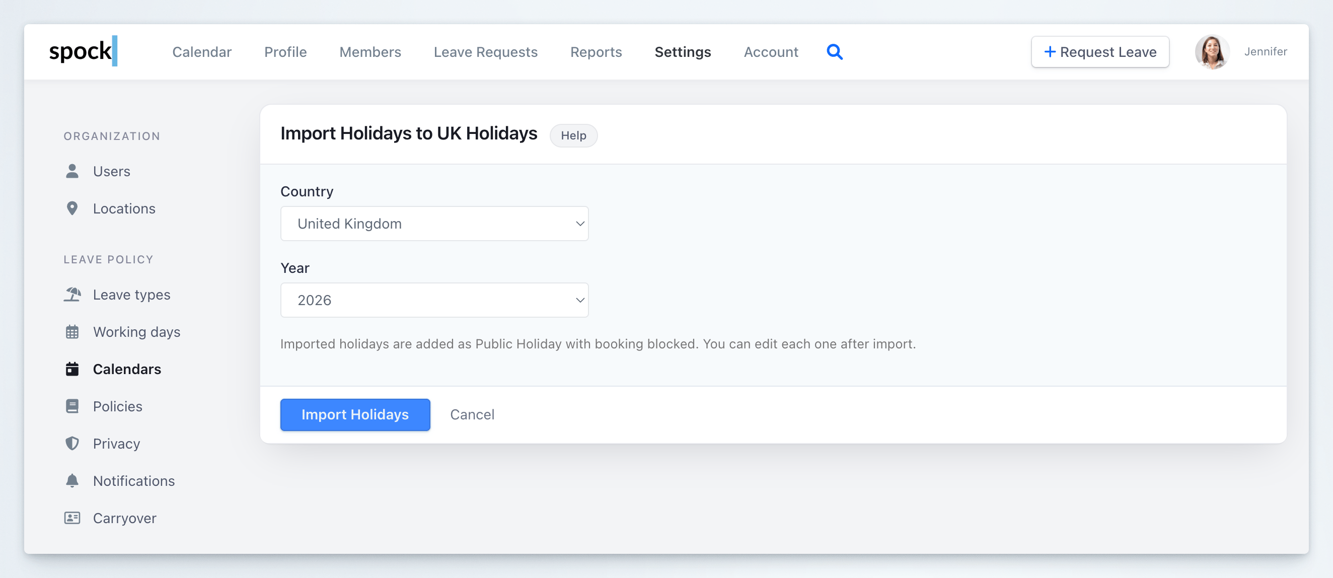 Import Holidays form with a Country dropdown set to United Kingdom and a Year dropdown set to 2026