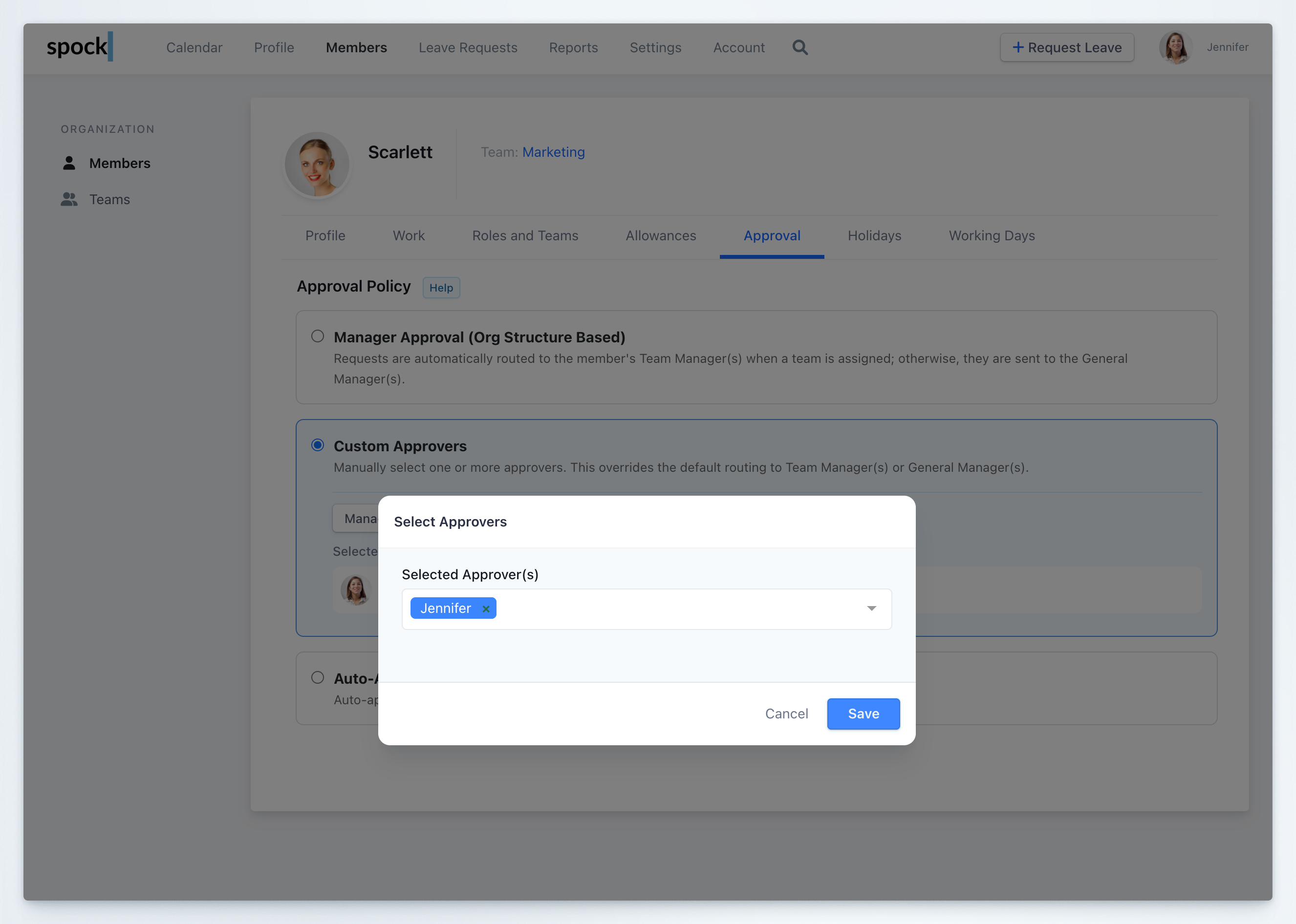 Select Approvers modal for choosing custom approvers