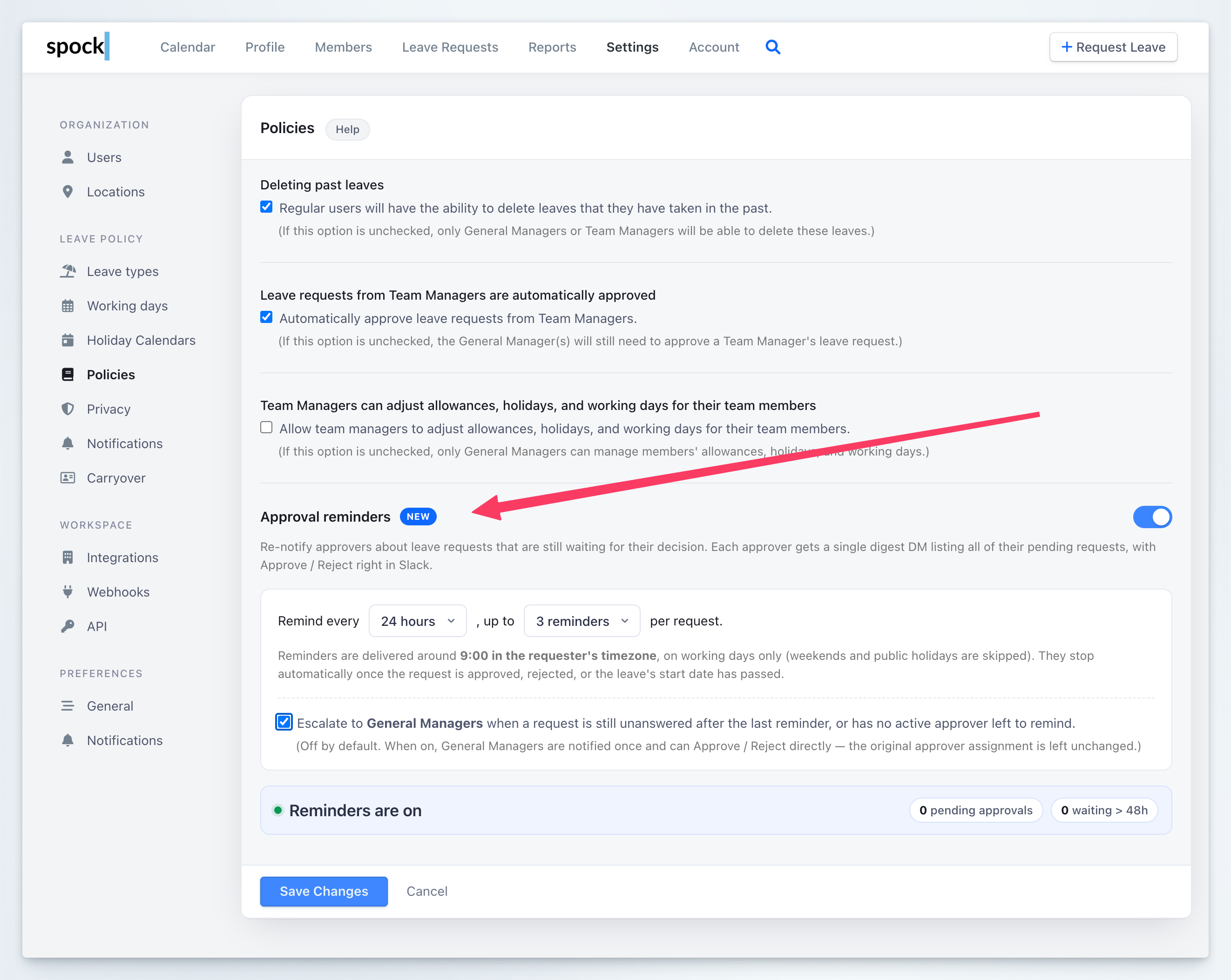 Approval reminders settings on the Policies page, showing the master toggle, reminder cadence, escalation checkbox, and status summary
