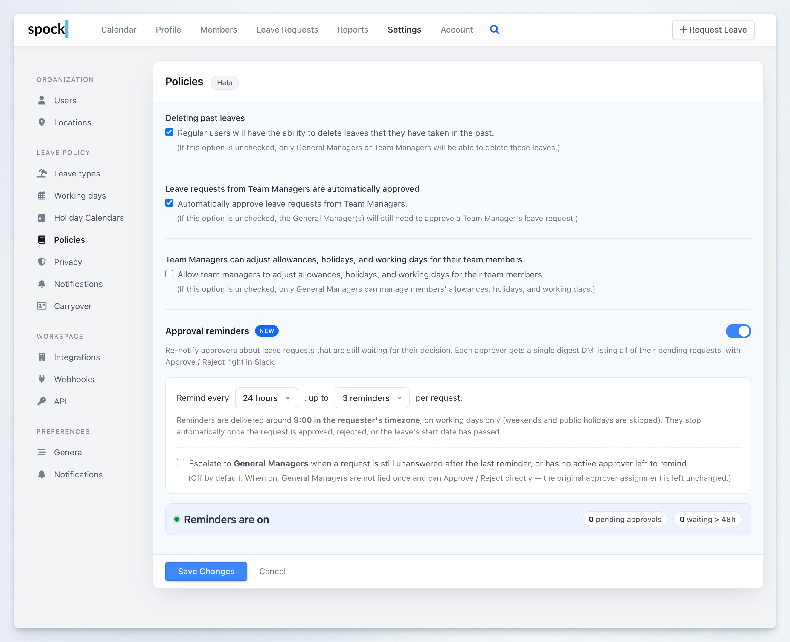 Policies configuration interface showing leave deletion, Team Manager approval, Team Manager permission, and approval reminder settings