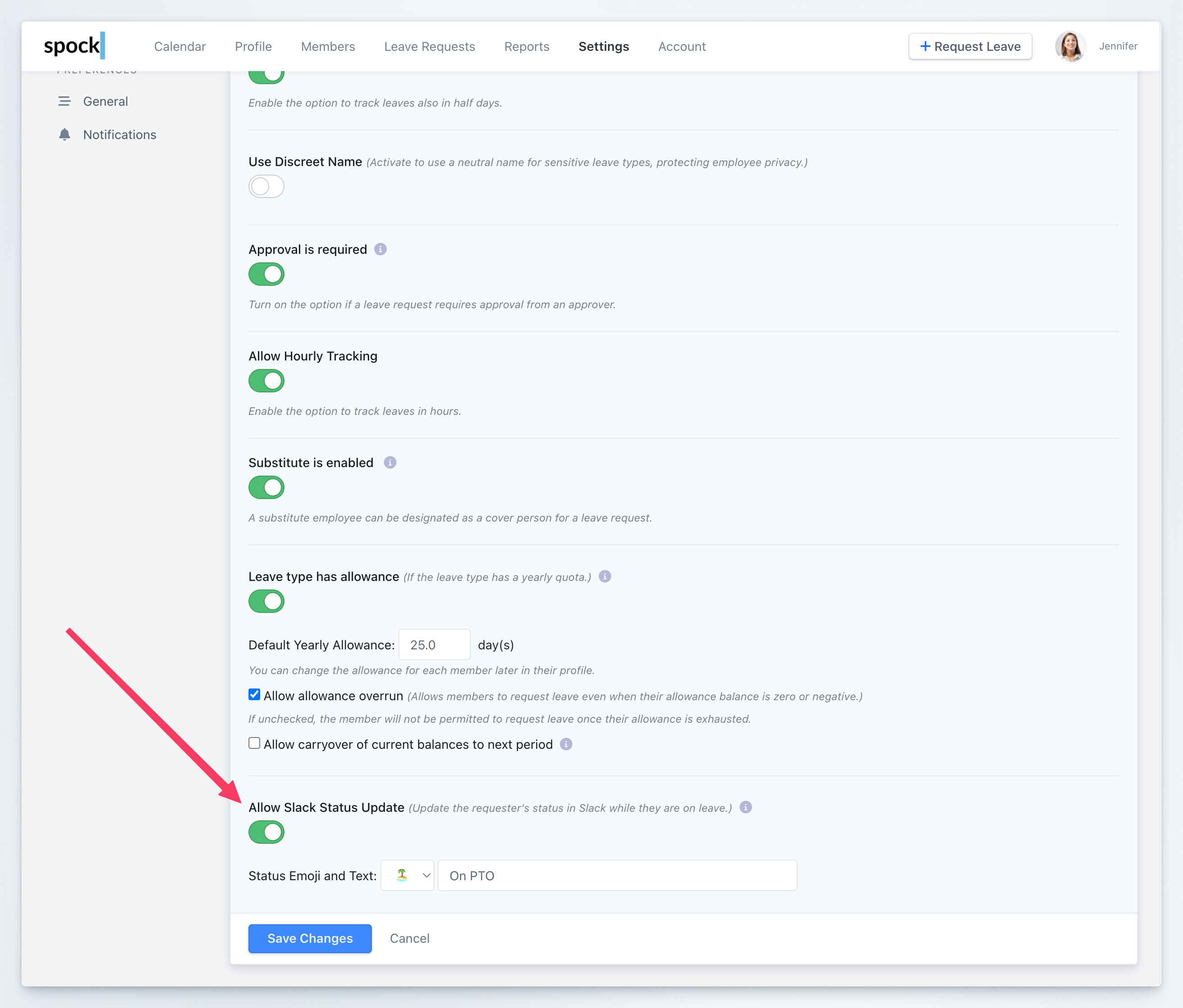 Dashboard Settings Leave Types Allow Slack Status Update