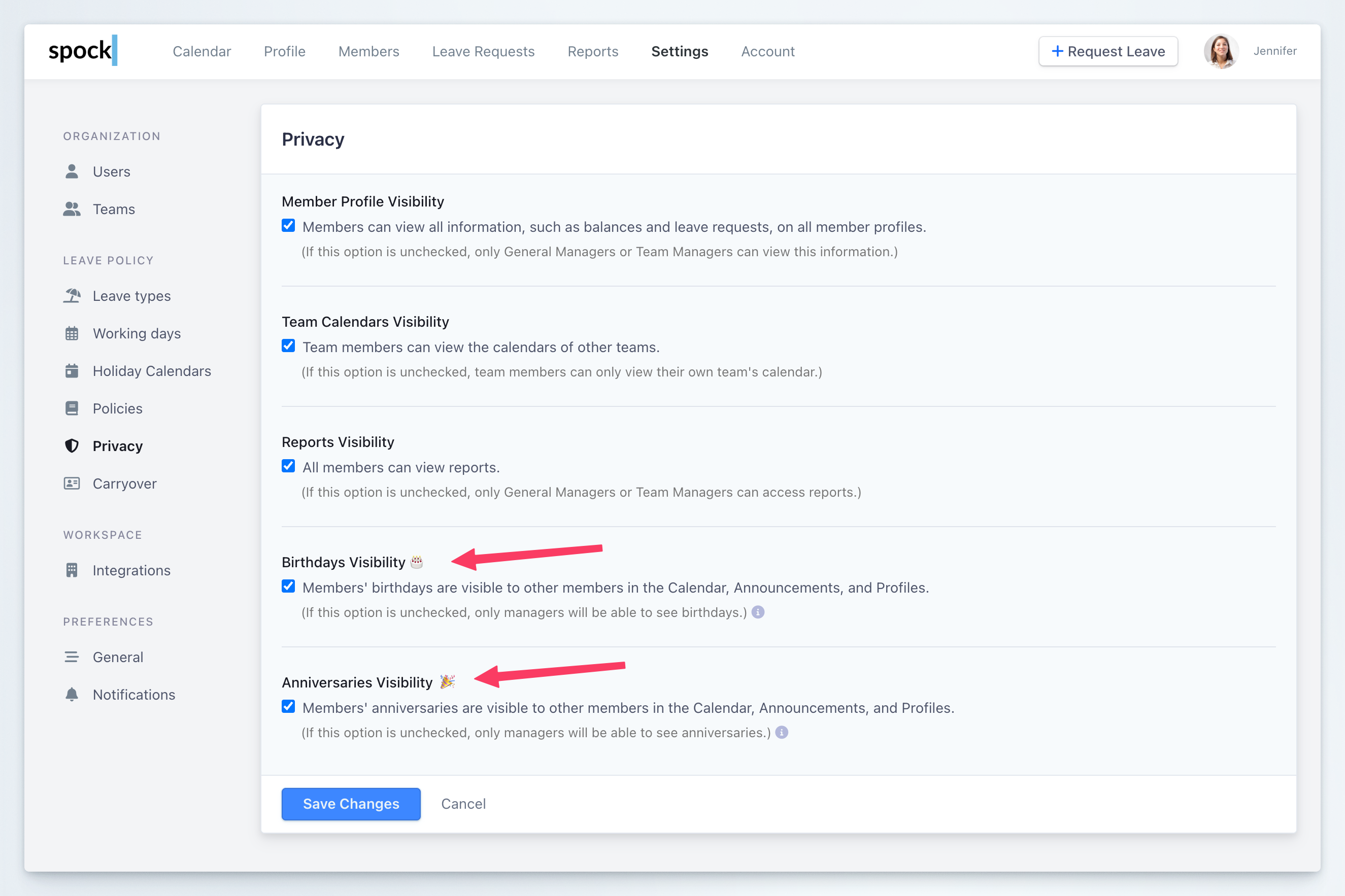 Dashboard Settings Privacy Birthdays and Anniversaries Visibility