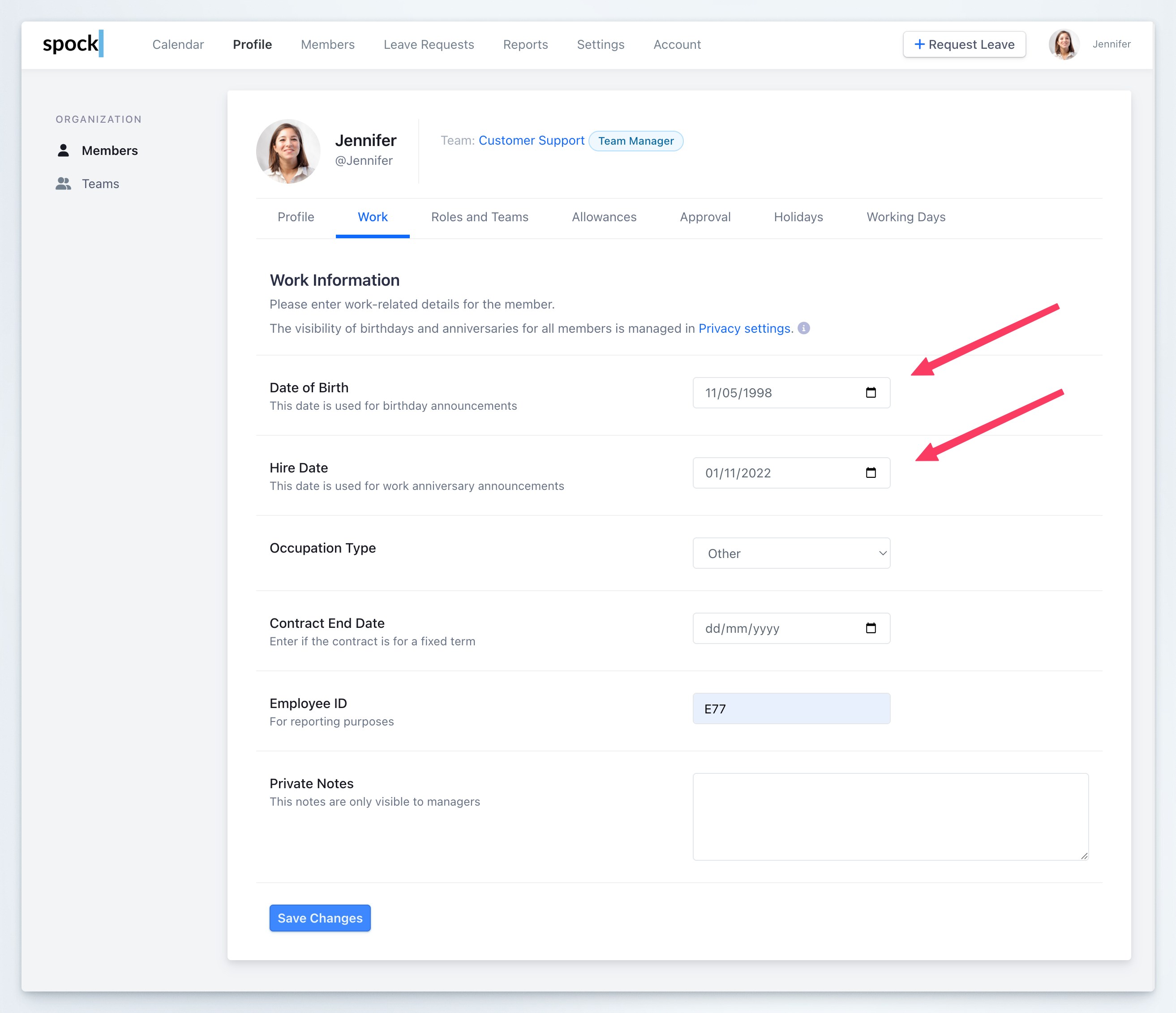 Dashboard Settings Privacy Birthdays and Anniversaries Work Tab