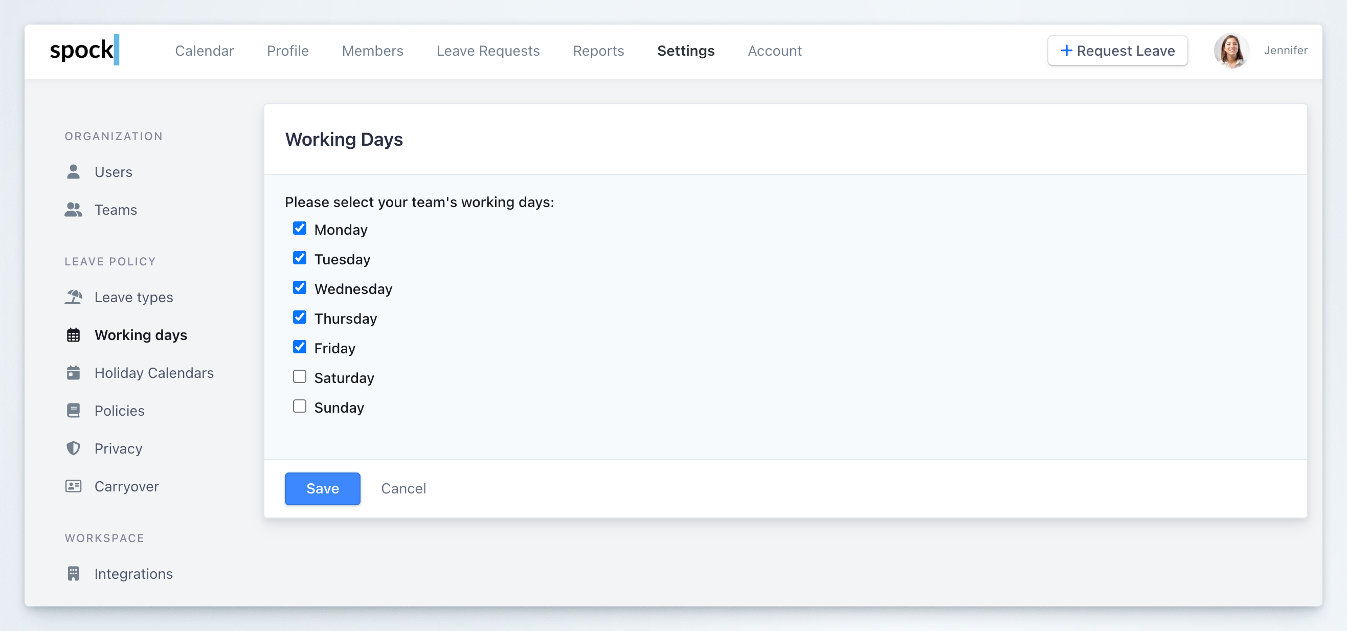 Dashboard Settings Working Days