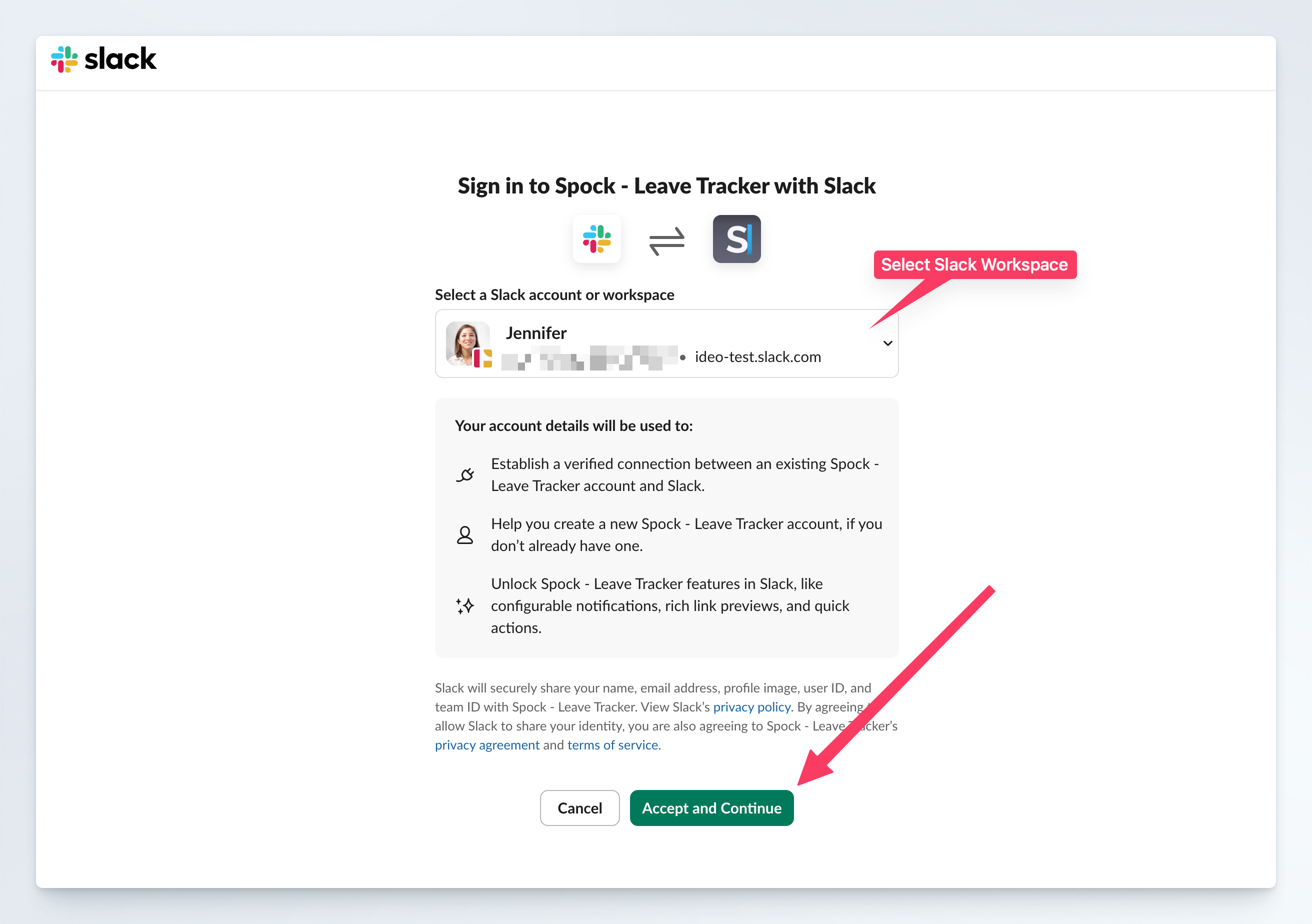 Slack authentication page