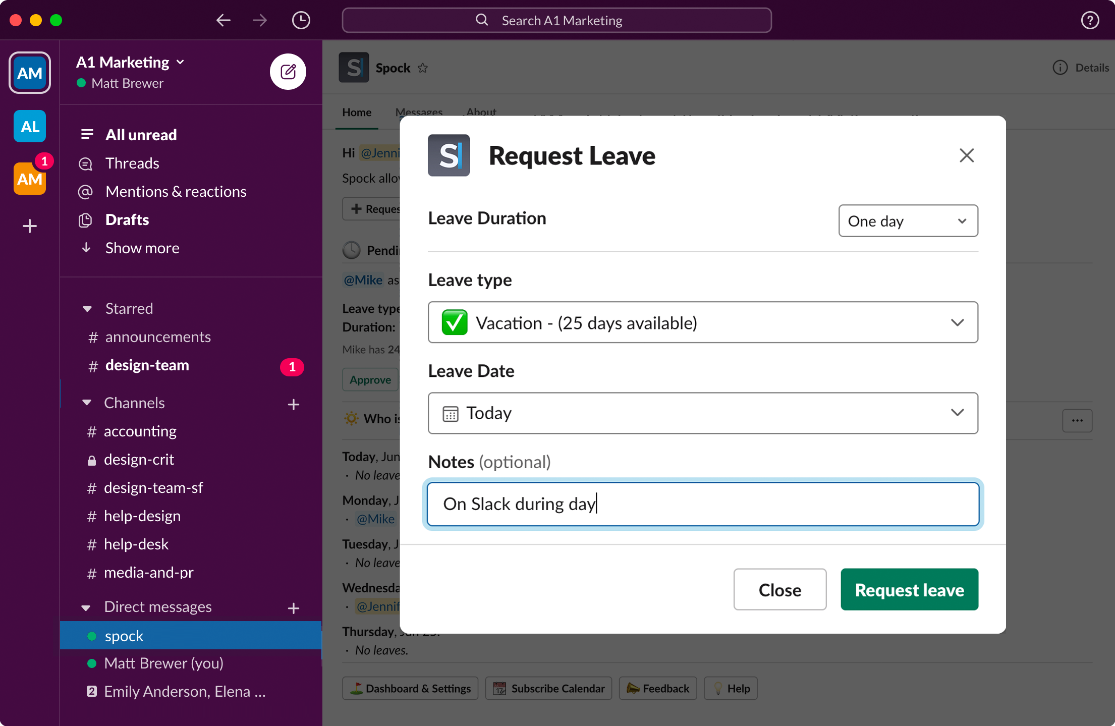 Leave request interface