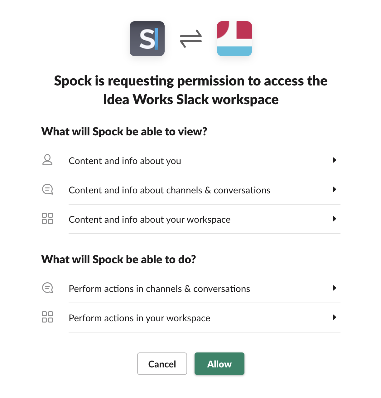 Slack permission screen