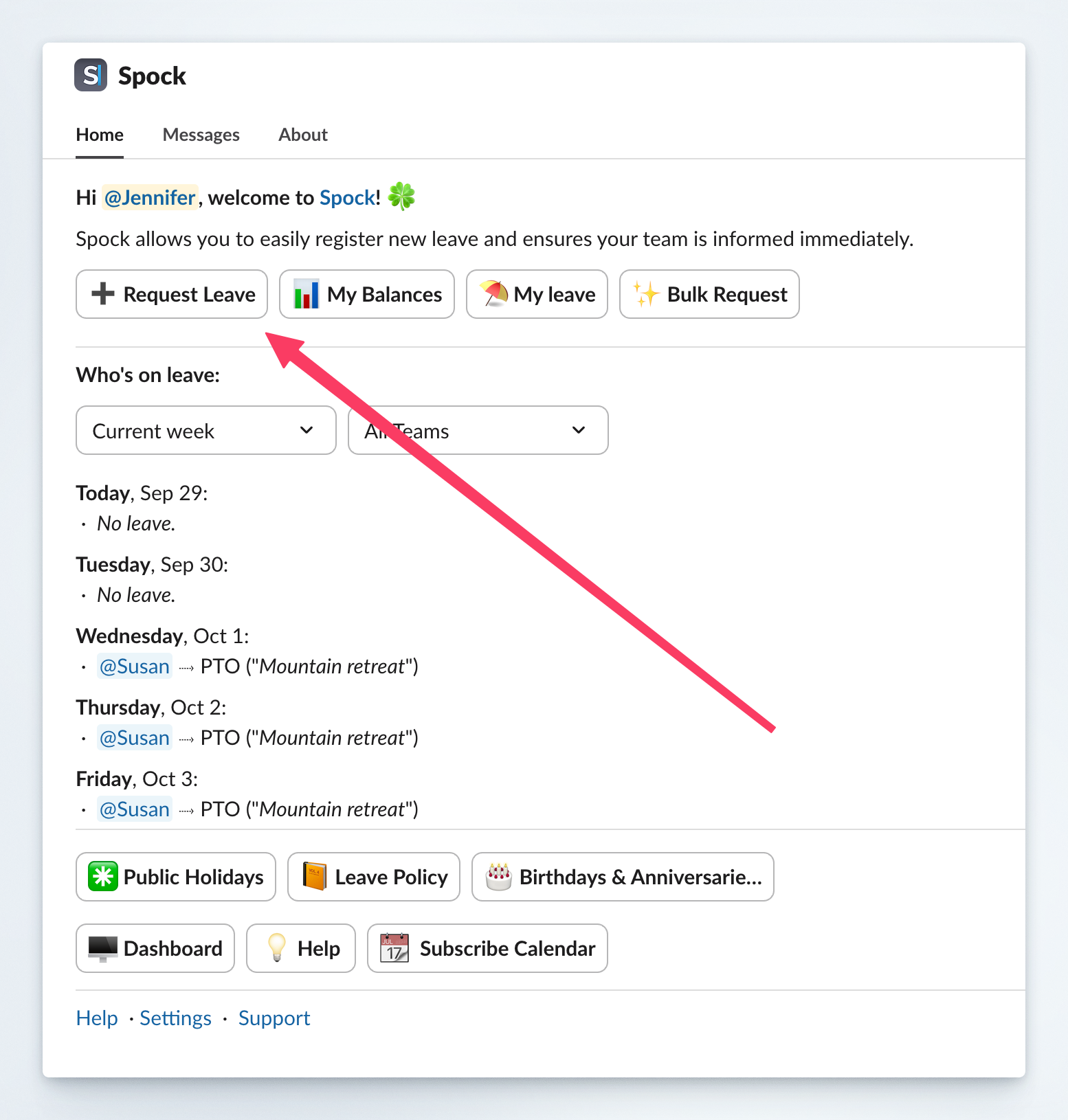 Request leave action in Slack home tab