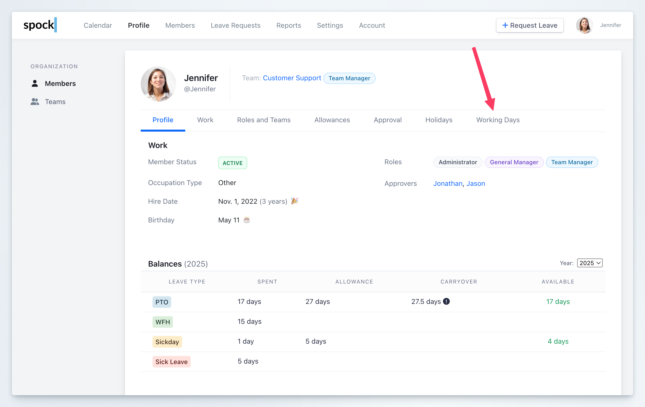 Member Working Days Tab