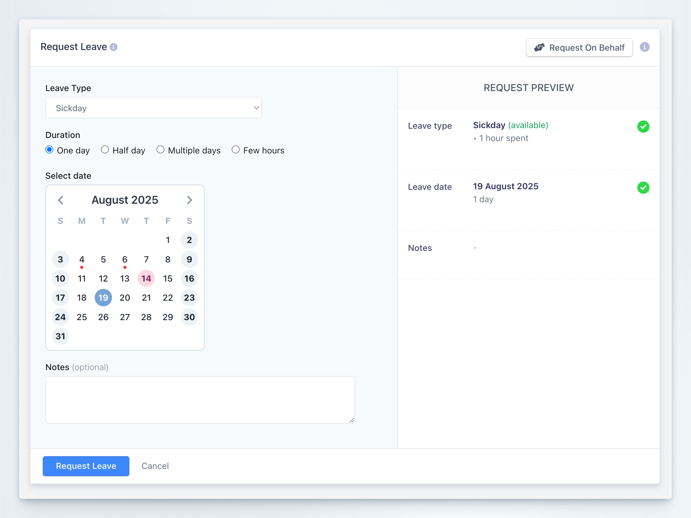 Request leave in Dashboard