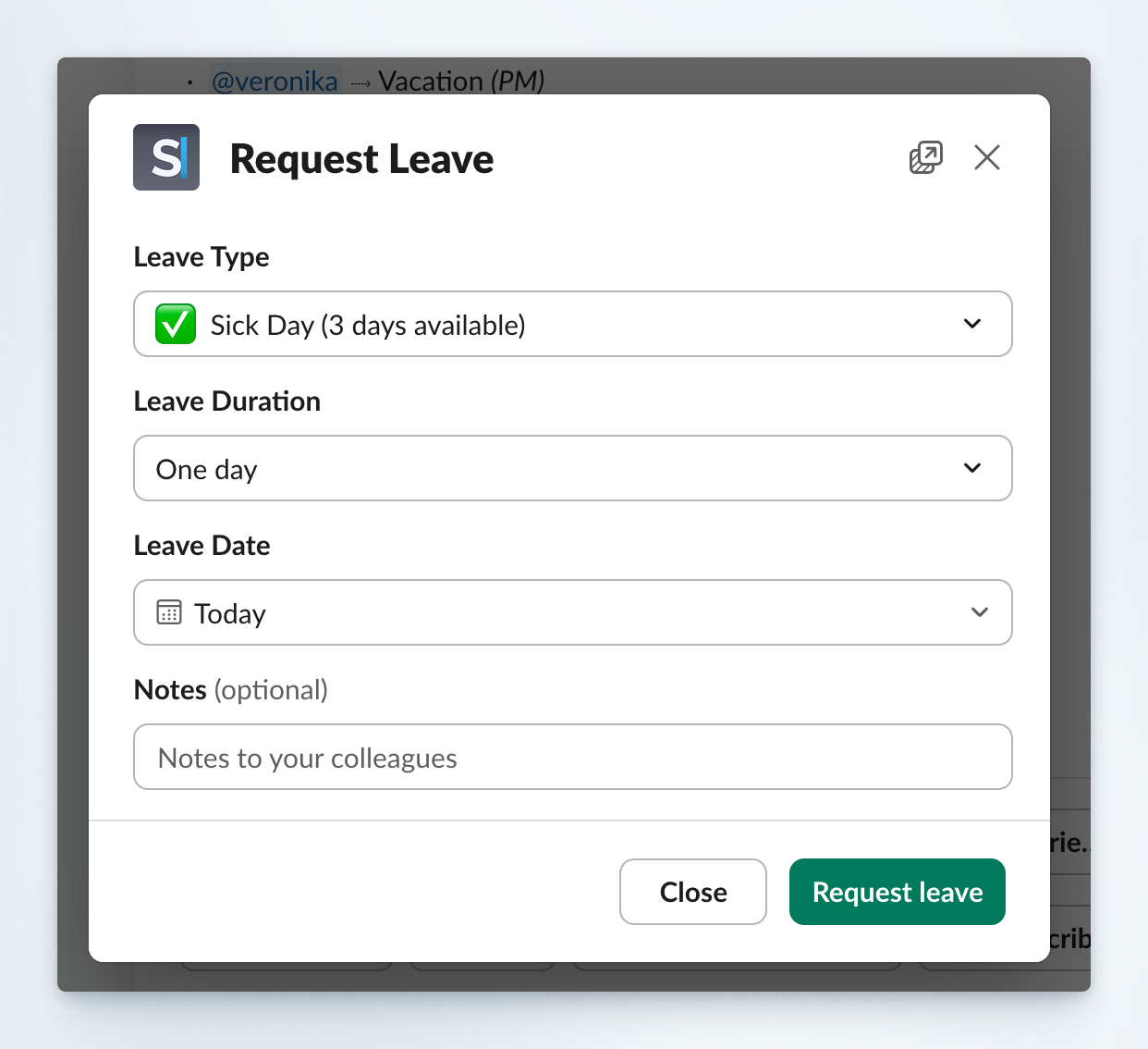 Request leave in Slack
