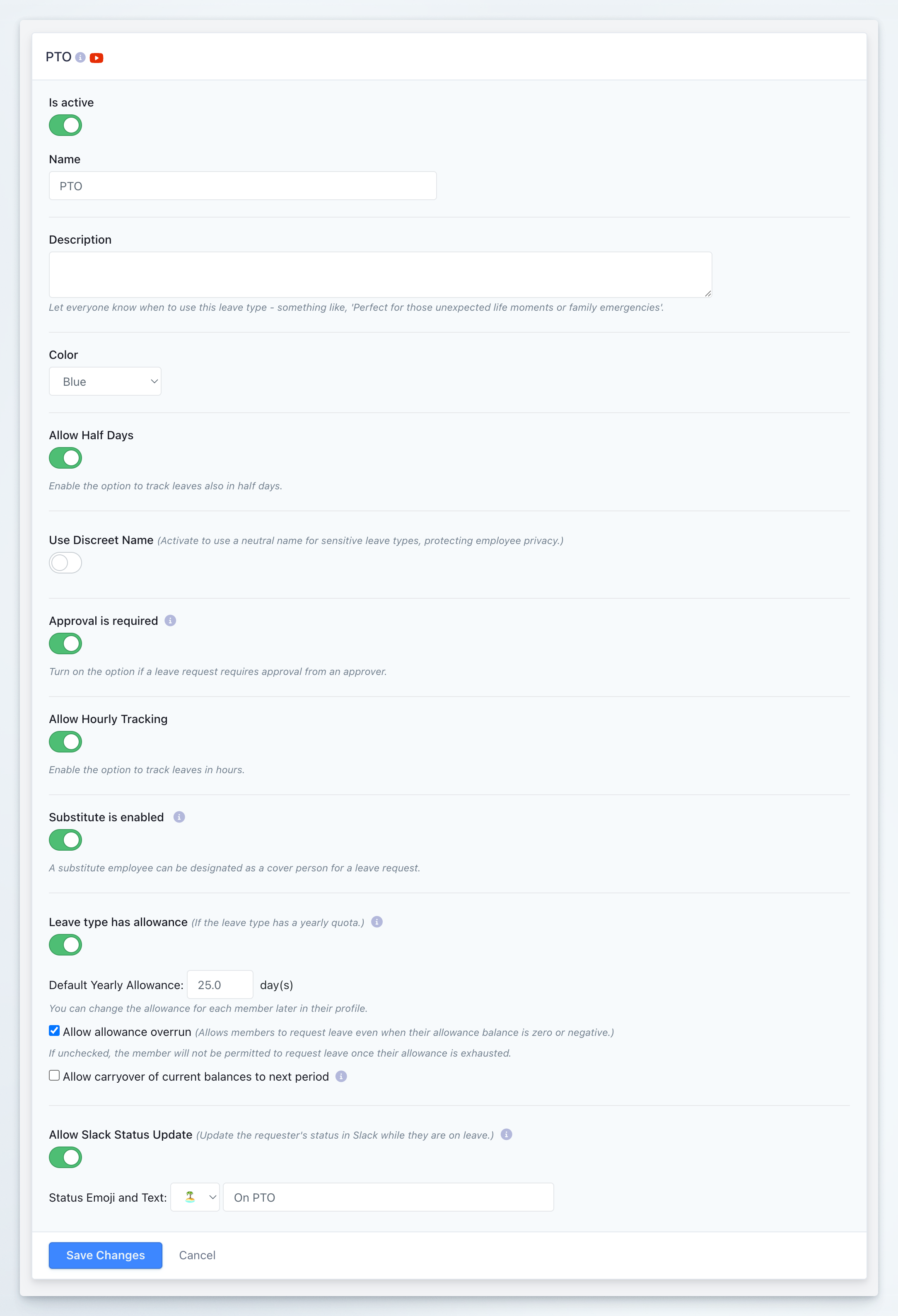 Spock leave type setup screen