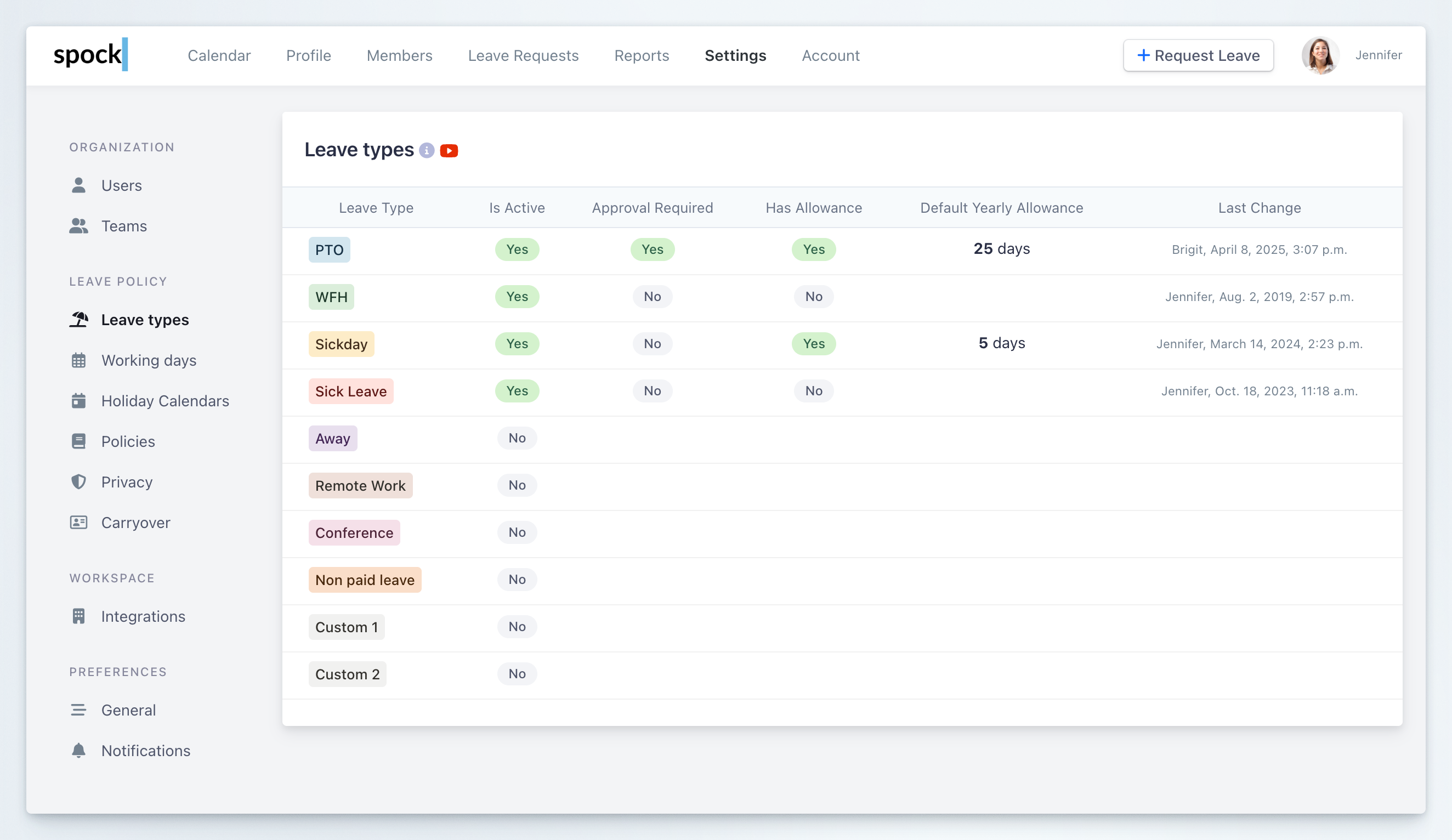 Spock settings leave types list