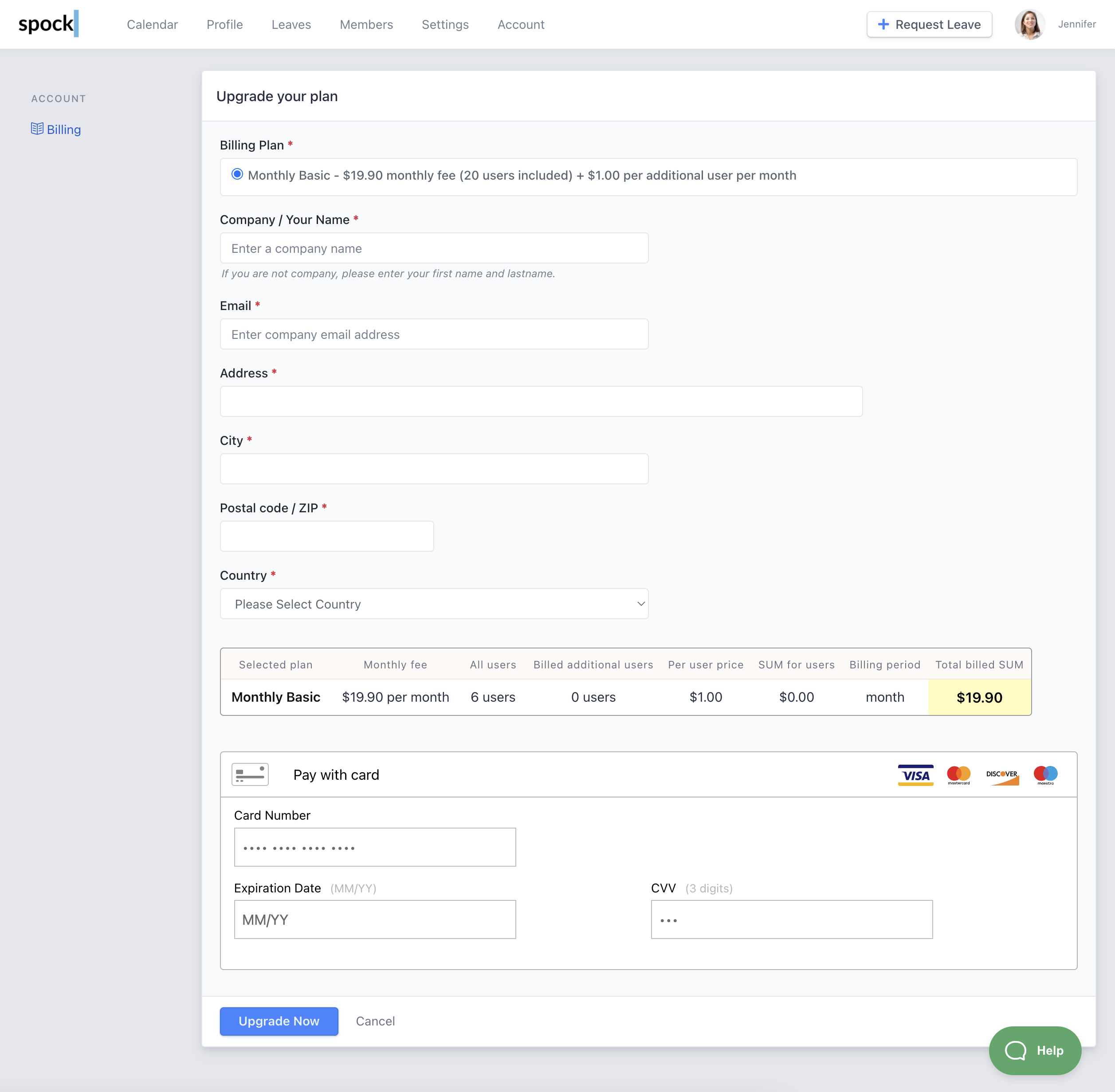 Billing and payment information form