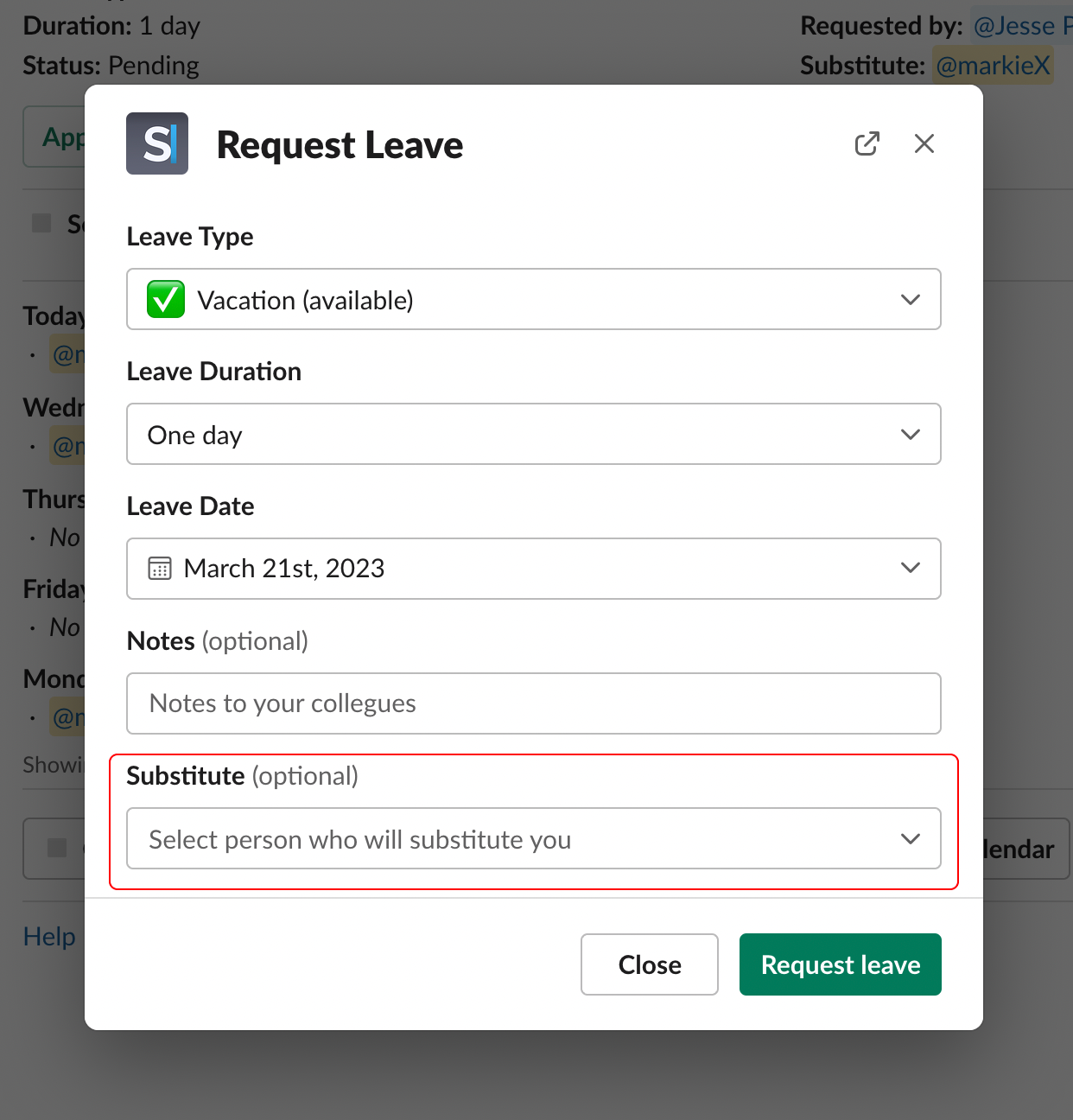 Substitute selection in leave request