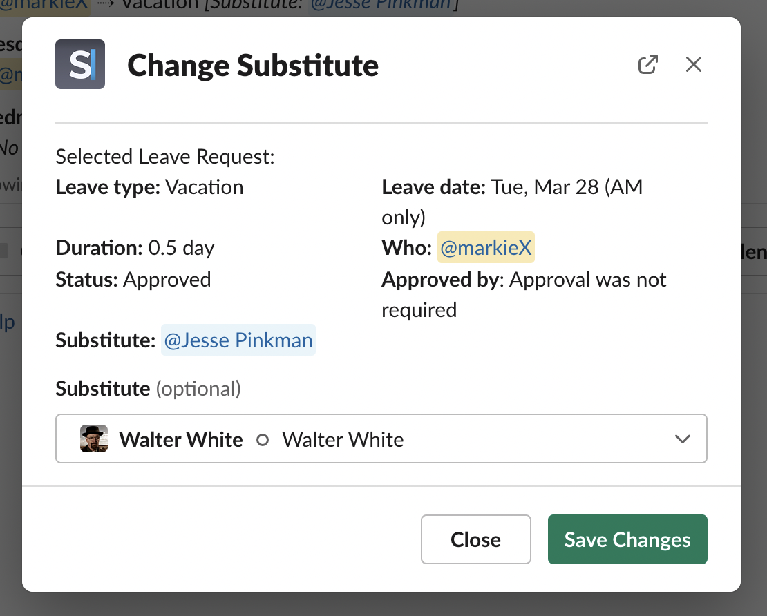 Change substitute dialog