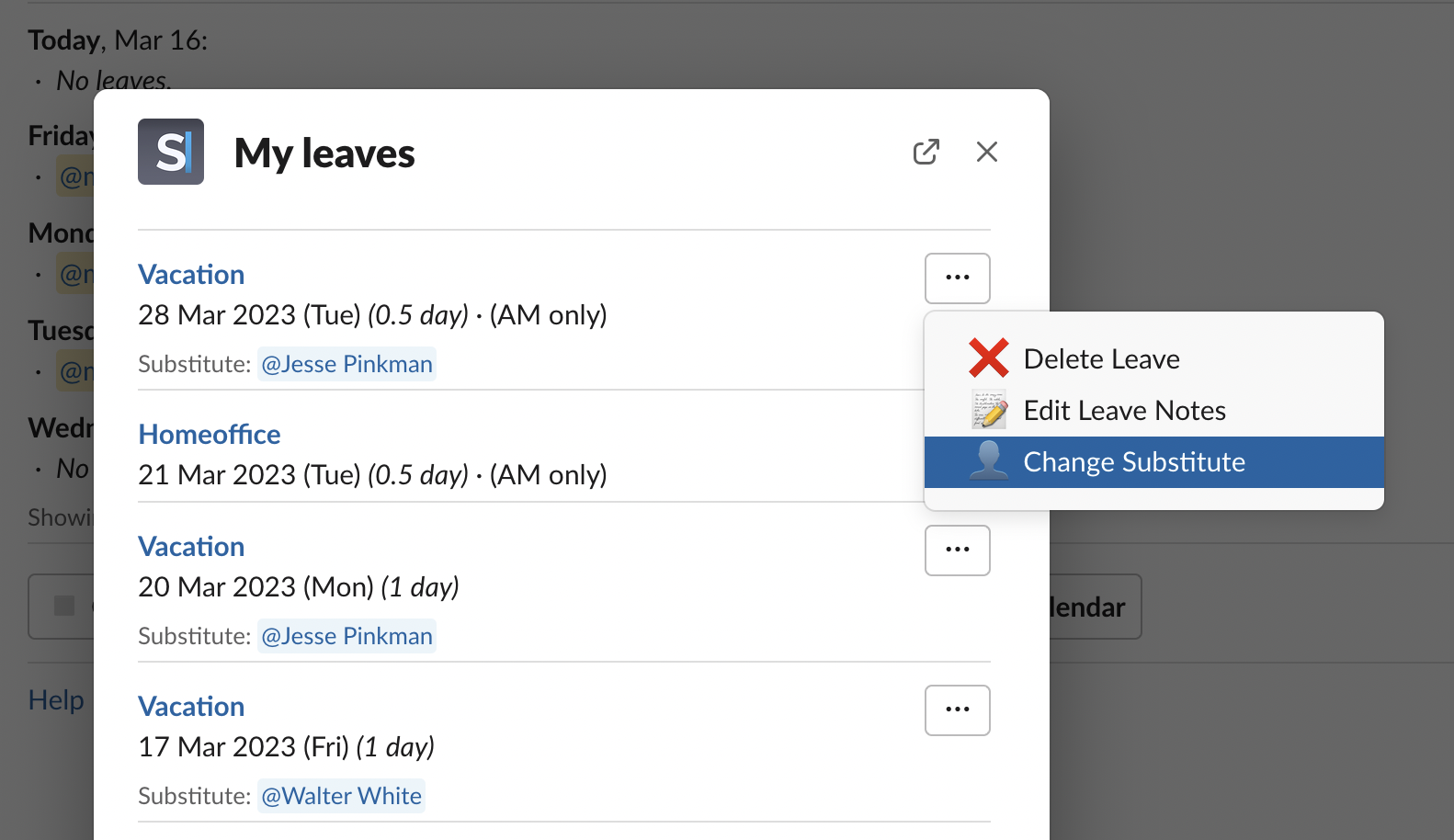 Context menu for leave request