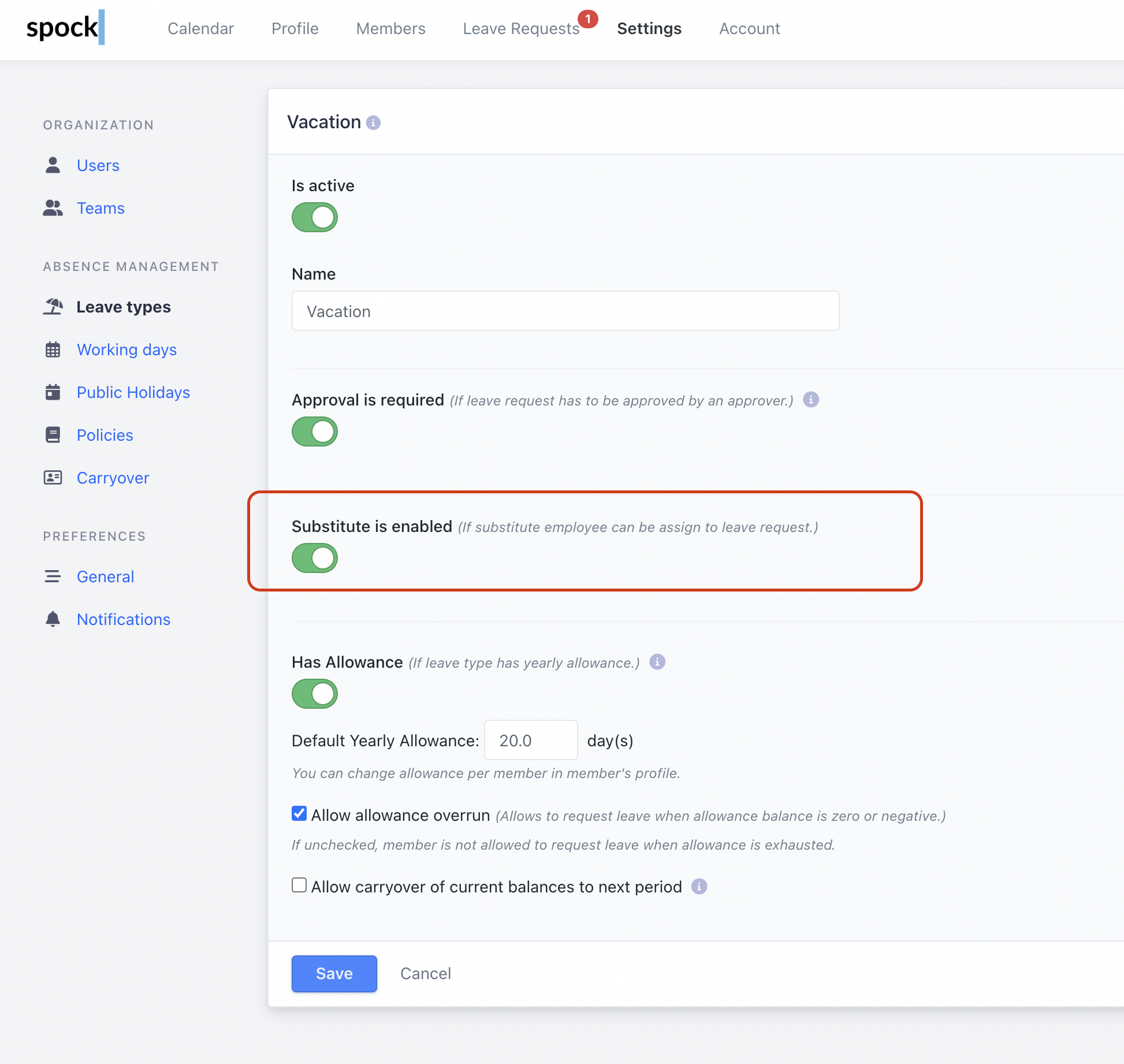 Enable substitute feature