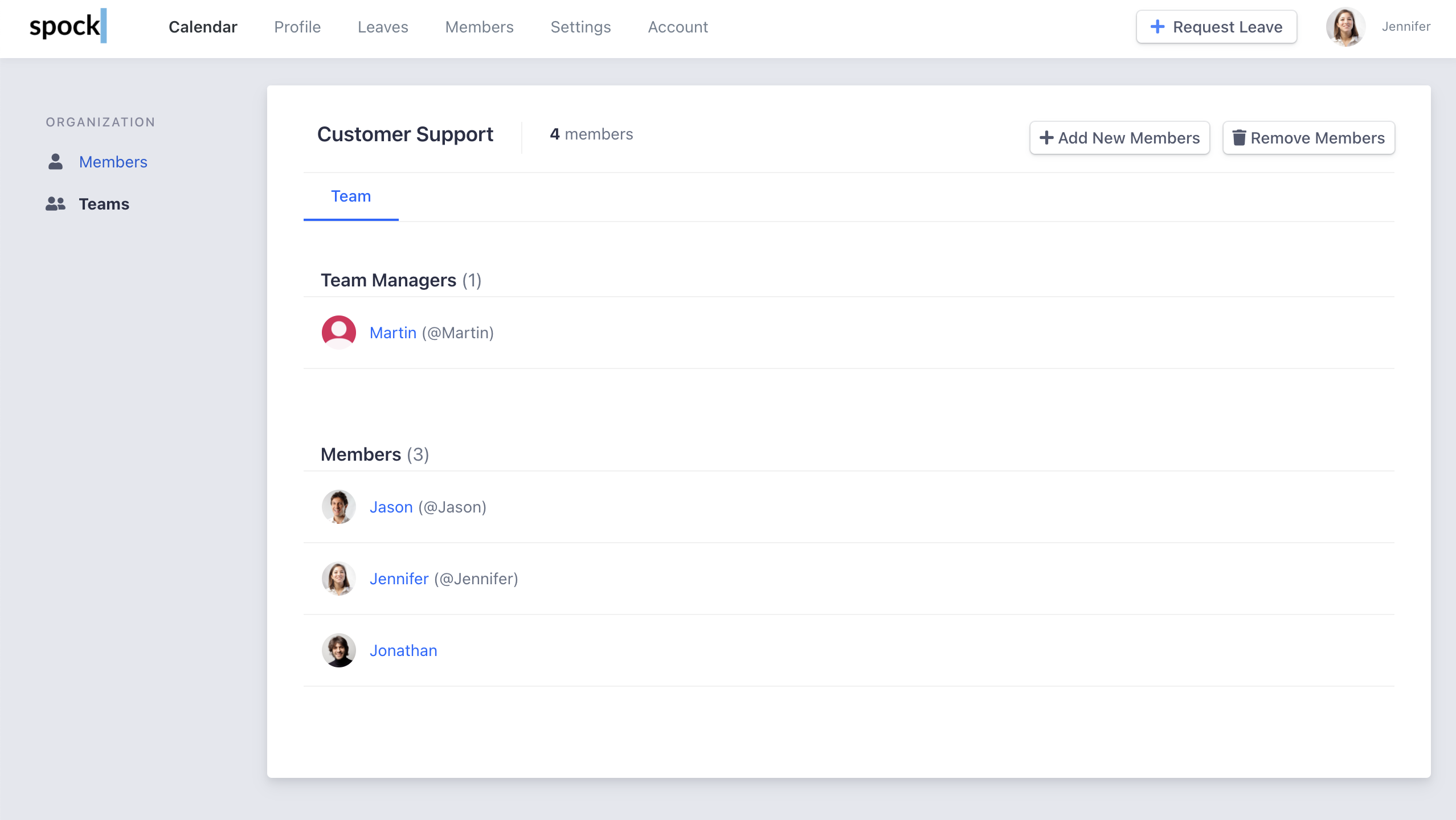 Teams management interface