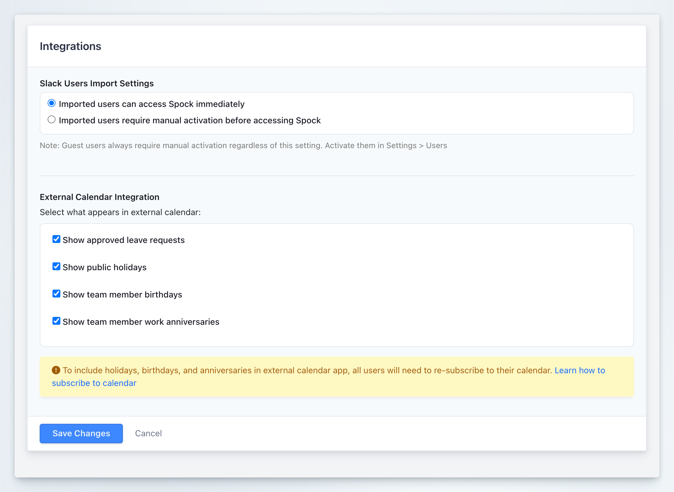 Integration Settings