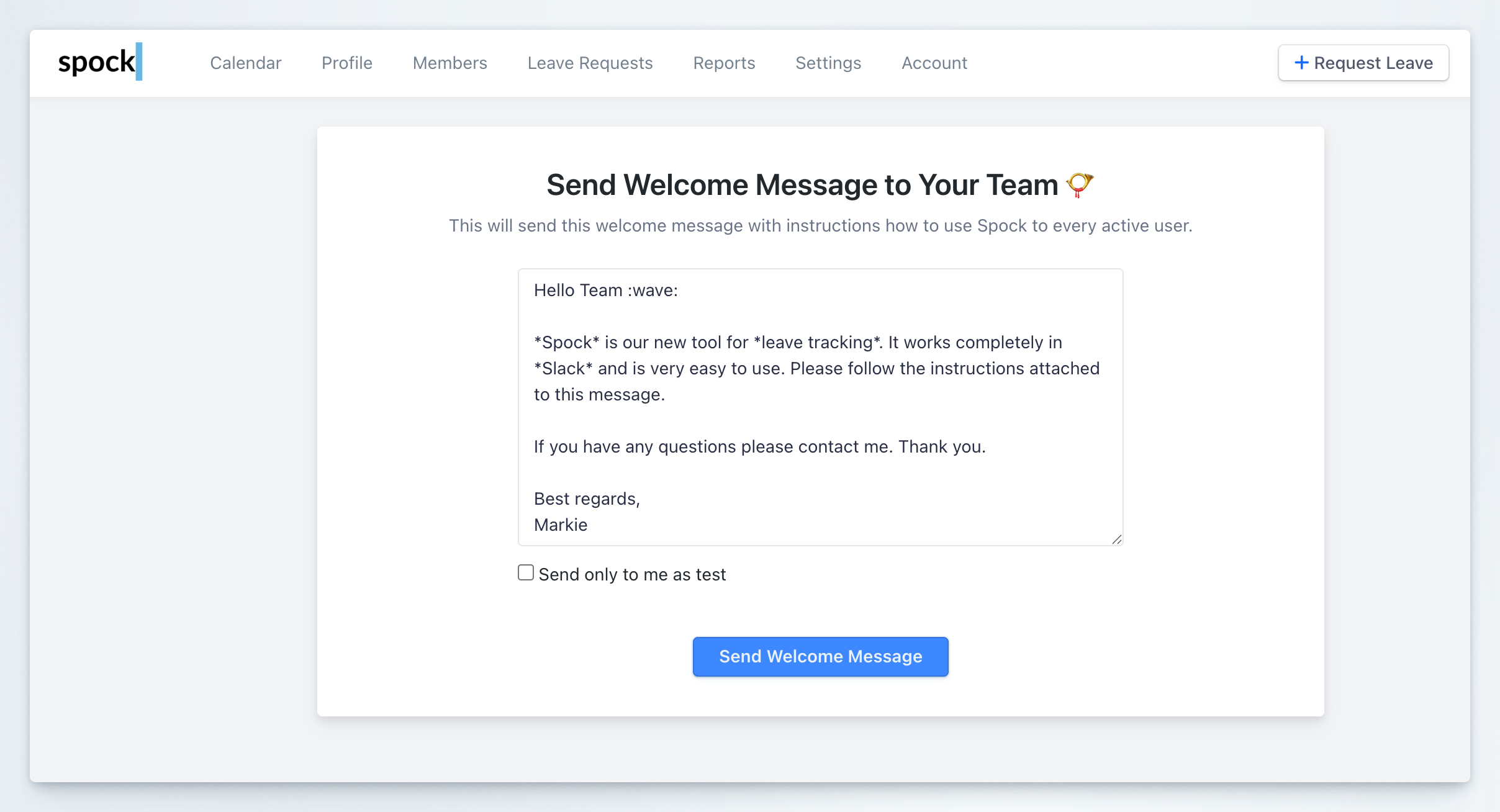 Welcome message form showing text editor with sample message and send options