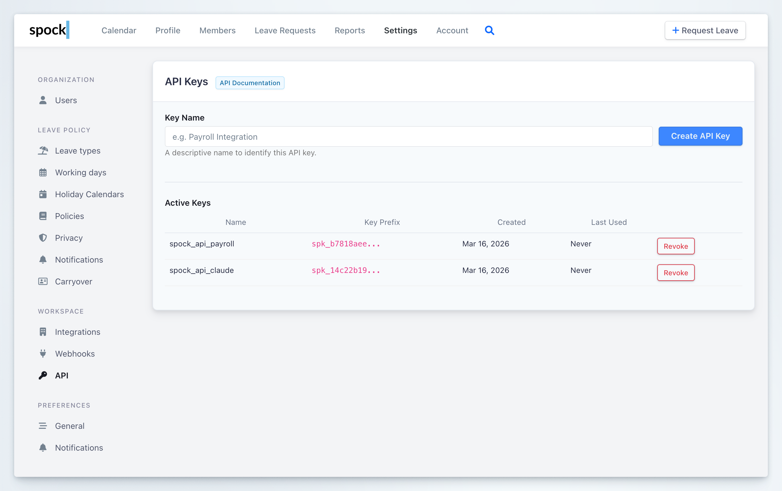 API Keys settings page showing key name input, create button, and active keys table