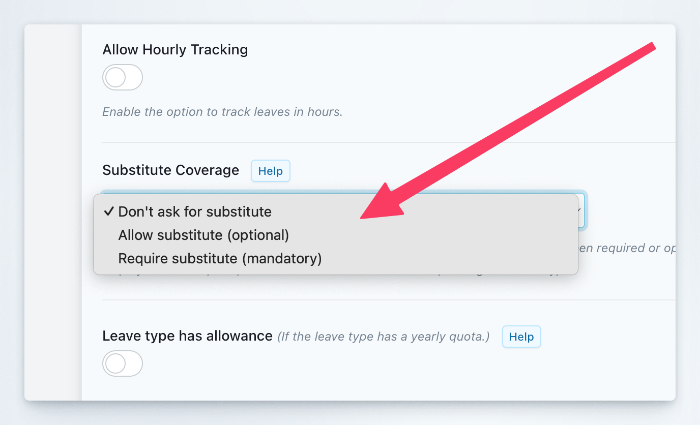 Substitute Coverage dropdown options