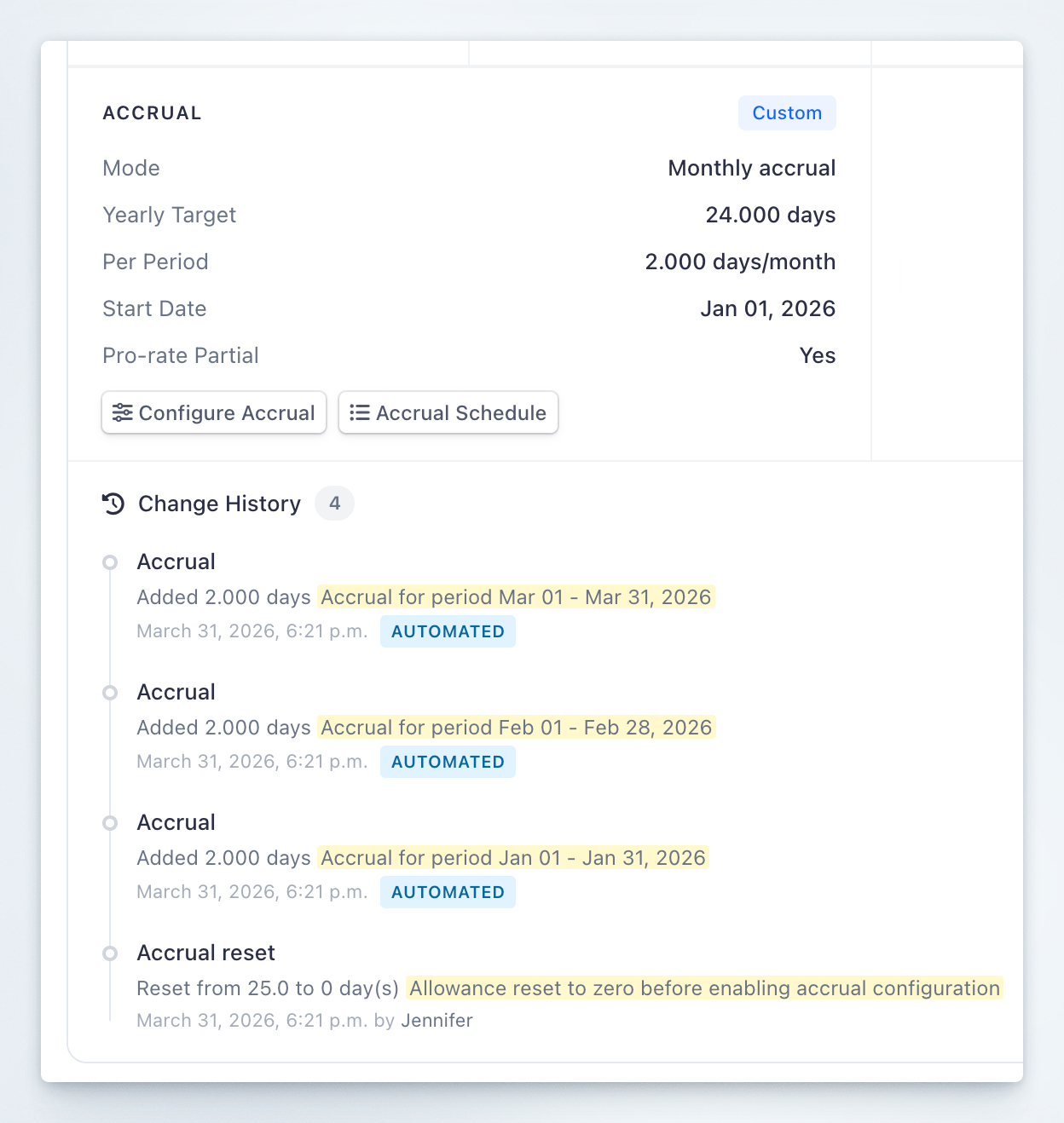 Detailed change history showing individual accrual entries with dates and amounts