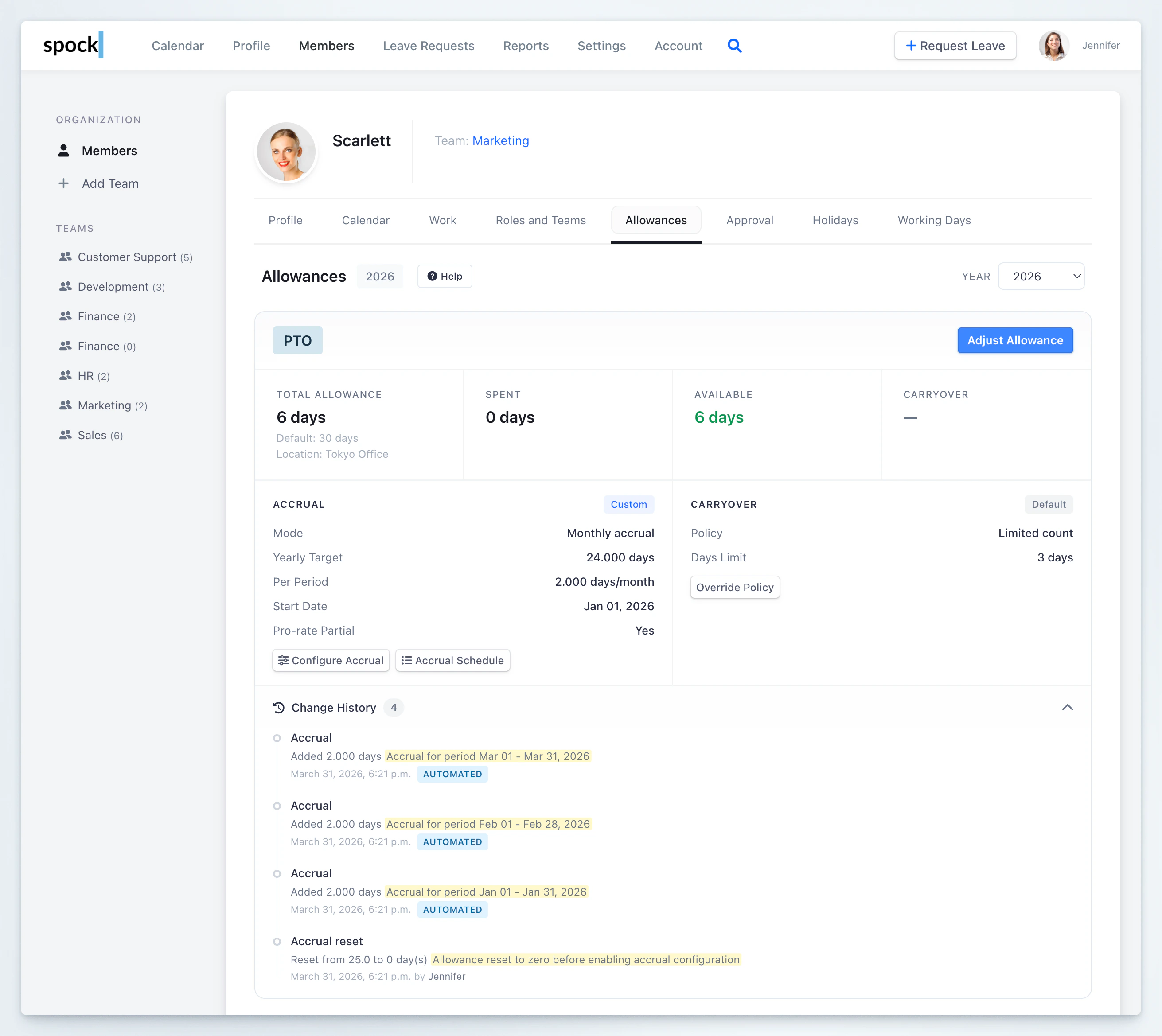 Accrual panel showing custom monthly configuration with change history entries