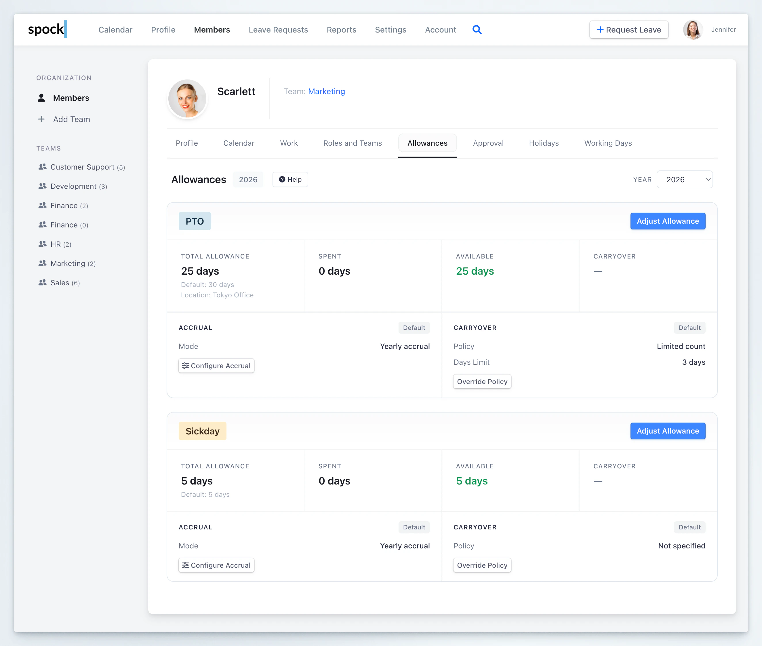 Employee allowances tab showing leave types with accrual panels