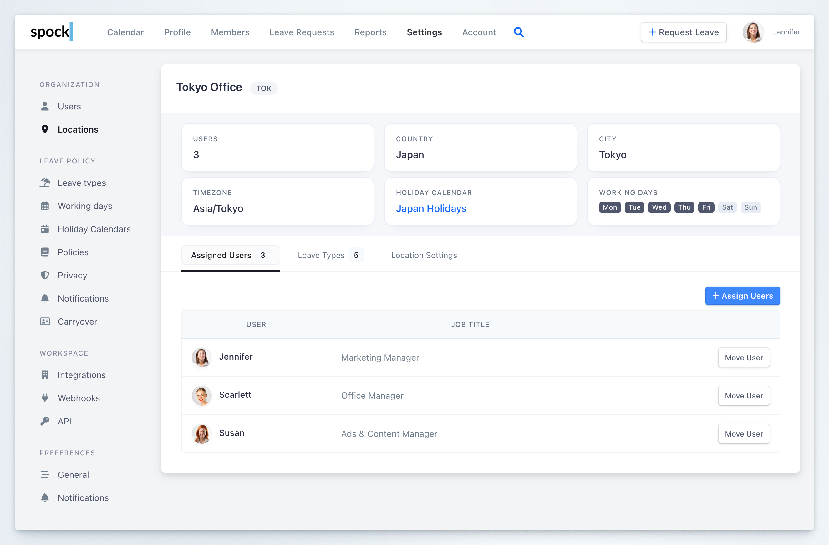 Location detail page showing Assigned Users tab with user list and Move User buttons