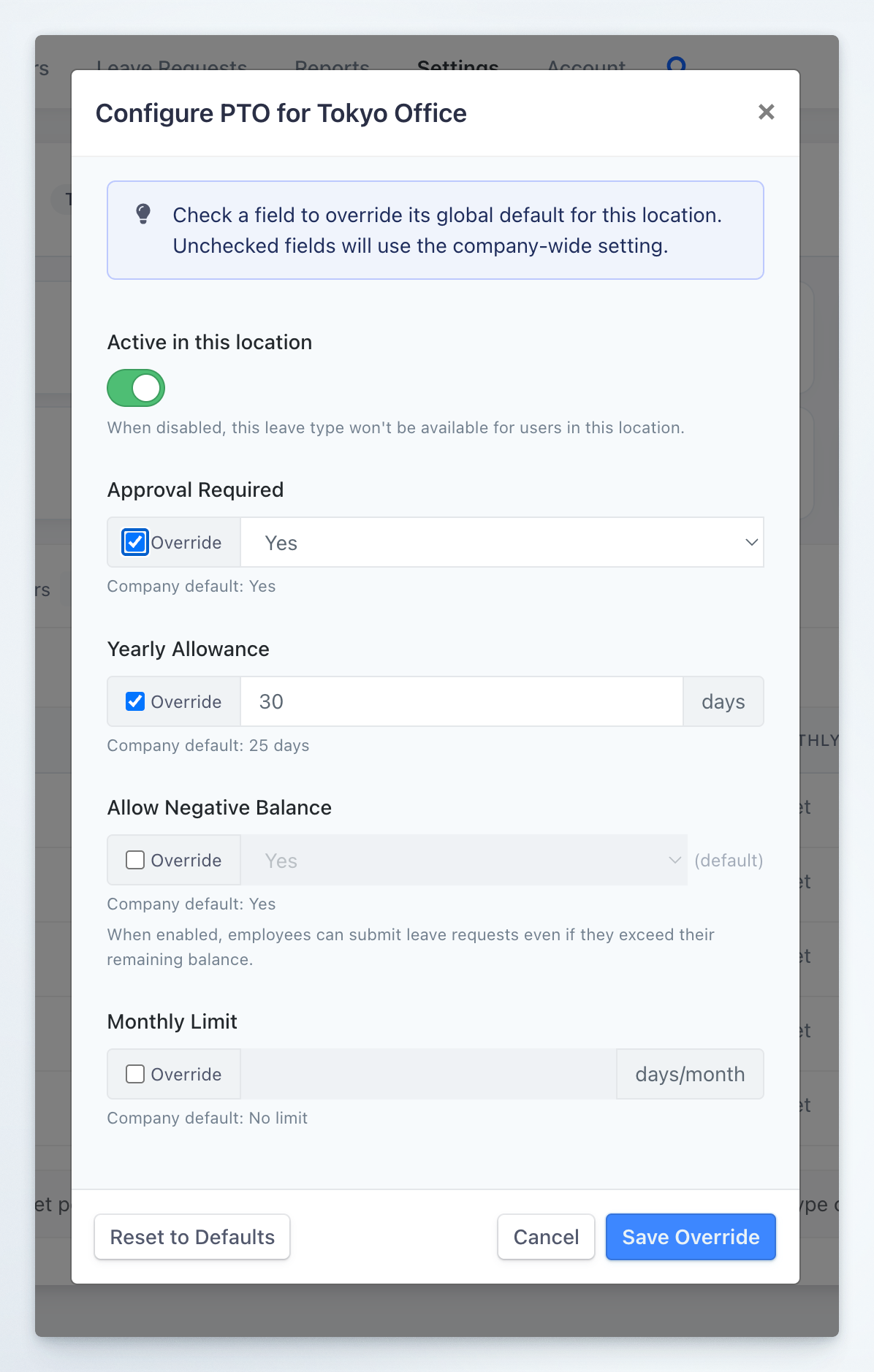 Leave type override configuration modal showing Override checkboxes, Active toggle, and company default values