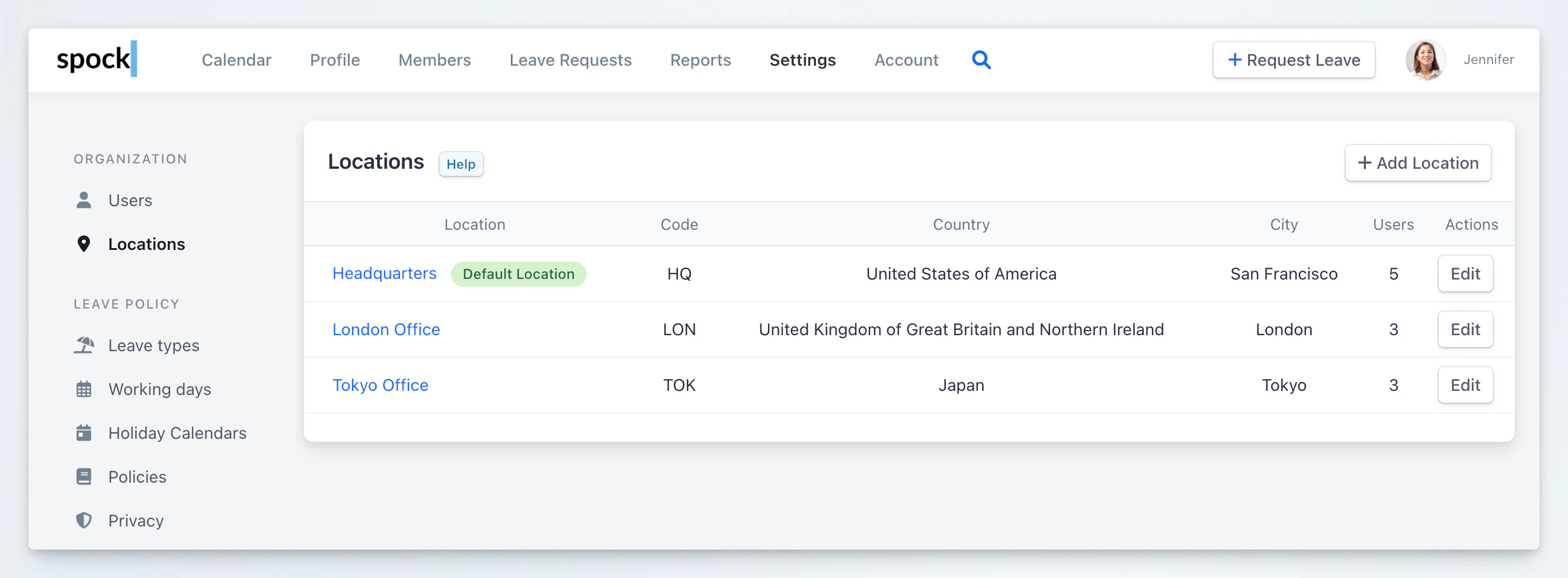 Locations list showing Headquarters, London Office, and Tokyo Office with their codes, countries, cities, and user counts